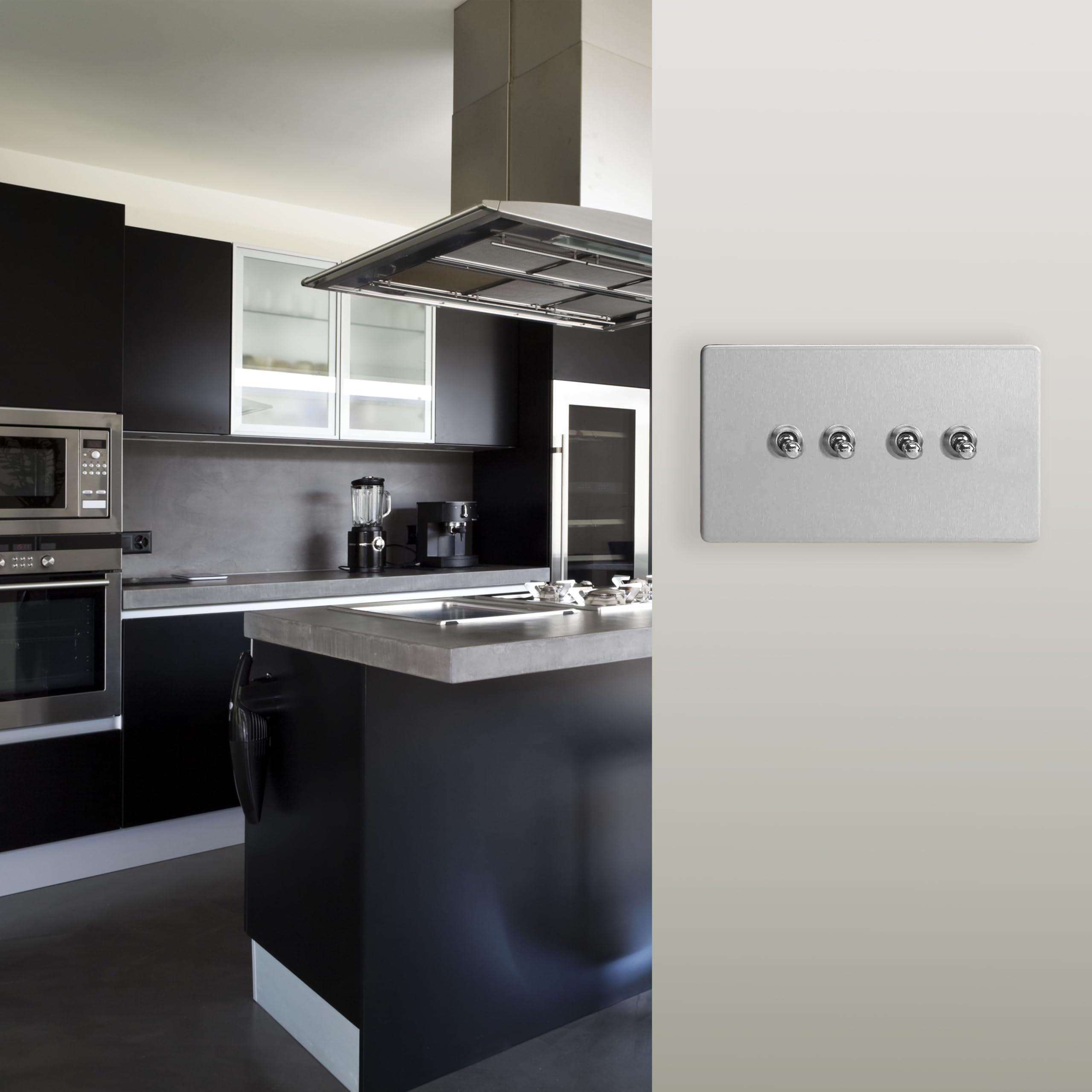 Varilight 4-Gang 2-Way Toggle Light Switch - Screwless Brushed Steel With Chrome Toggles, XDST9S, 86x147x36mm - Image 2