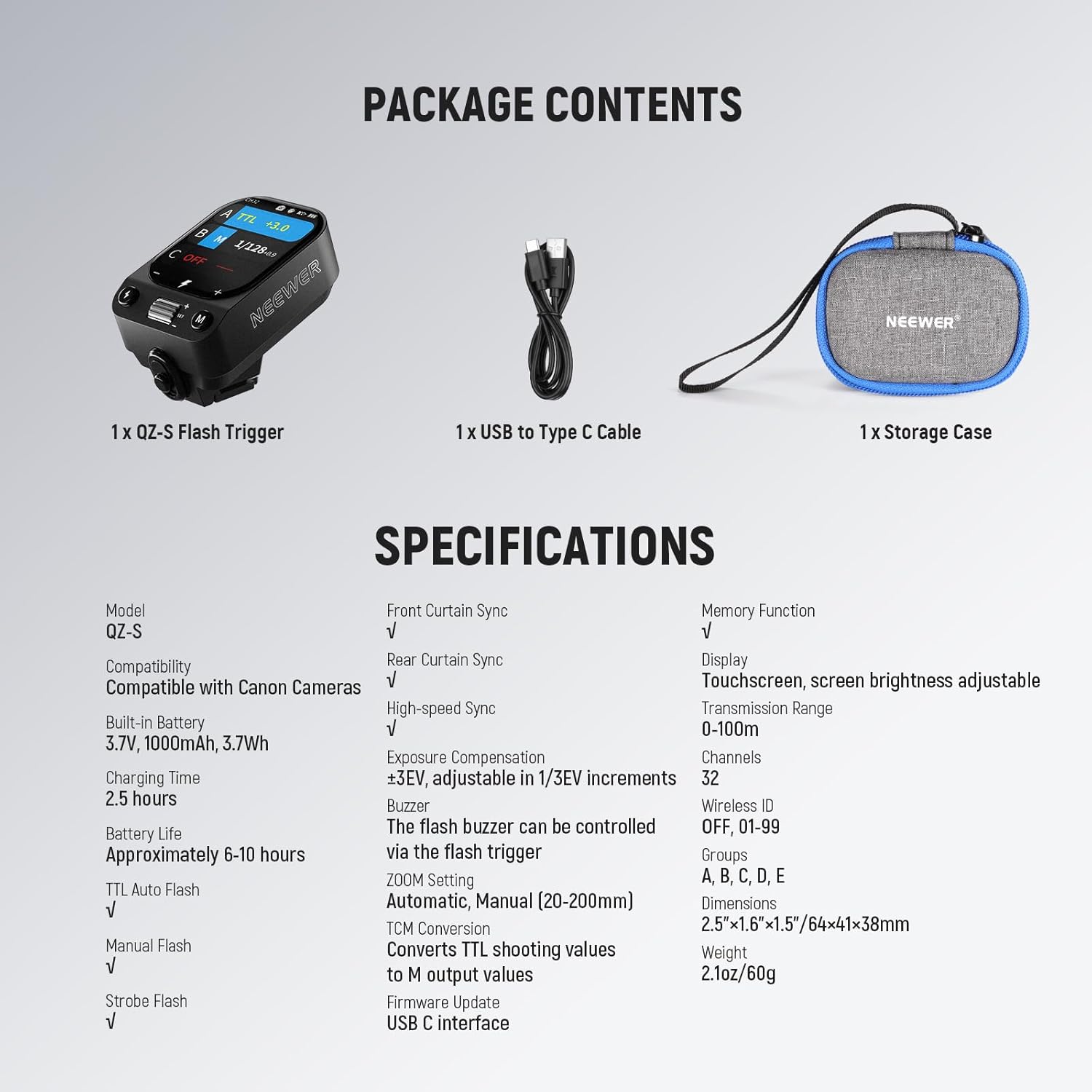Contents of the NEEWER QZ-S flash trigger package: trigger, USB-C cable, and storage case.