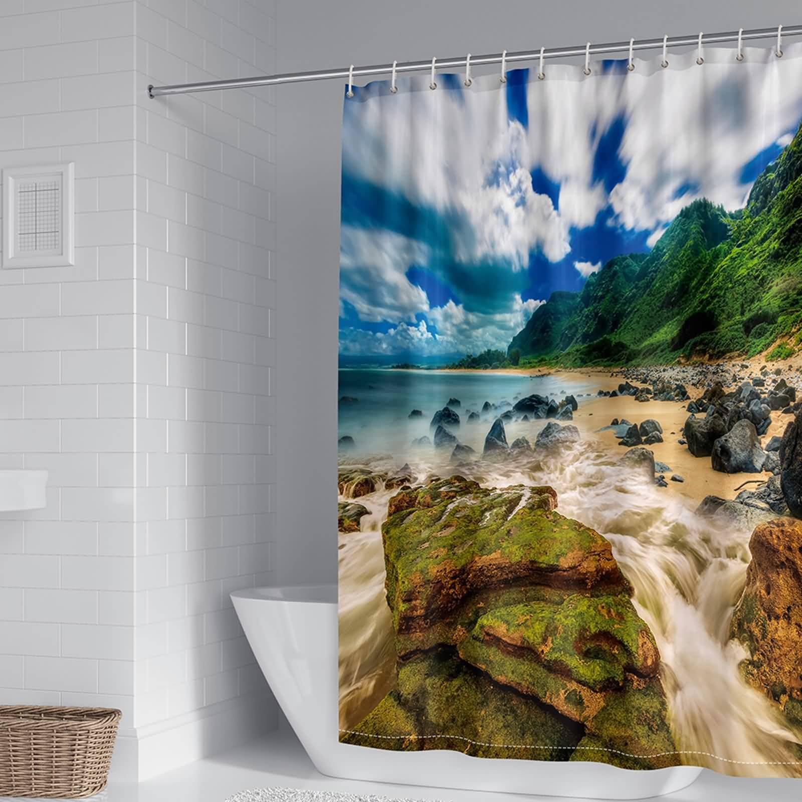 Tenda Doccia Anti Muffa, Poliestere Blu verde Paesaggio montano costiero Tenda doccia per bagno vasca da bagno, 165x200cm