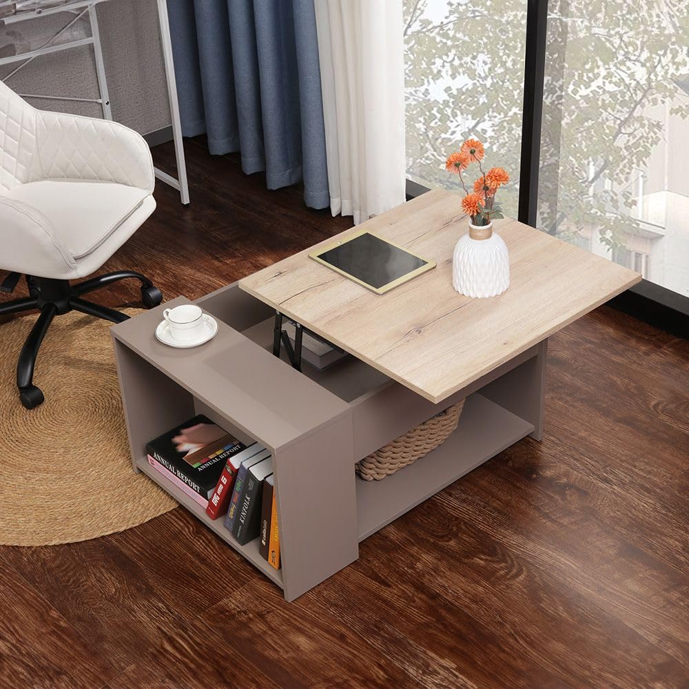 Danube HomeSpence Lifttop Coffee Table With Storage | Multifunctional Living Room Table | Space Saving Center Table | Modern Design Furniture For Home L 80 x W 60 x H 42 cm - Oak/Grey