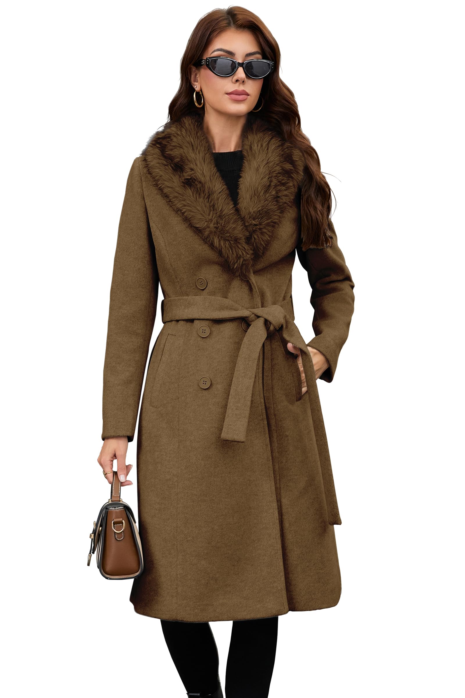 Women's Long Wool Coat - Double-Breasted Belted Trench with Detachable Faux Fur Collar-image-19