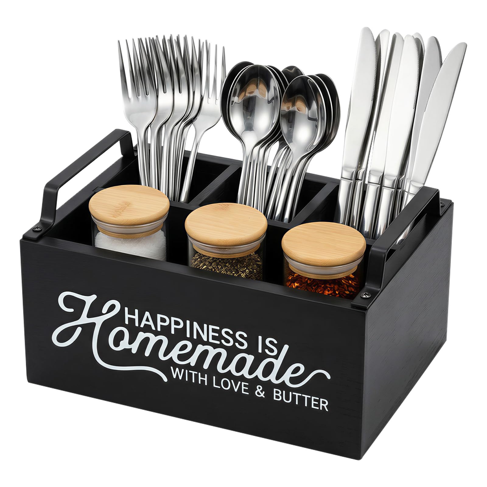 Shaojian Black Wooden Cutlery Holder Organiser, Cutlery Caddy With Spice Rack, Rustic Farmhouse Dining Table Flatware And Napkin Holder, Multipurpose Utensils Box For Forks Spoons Condiments