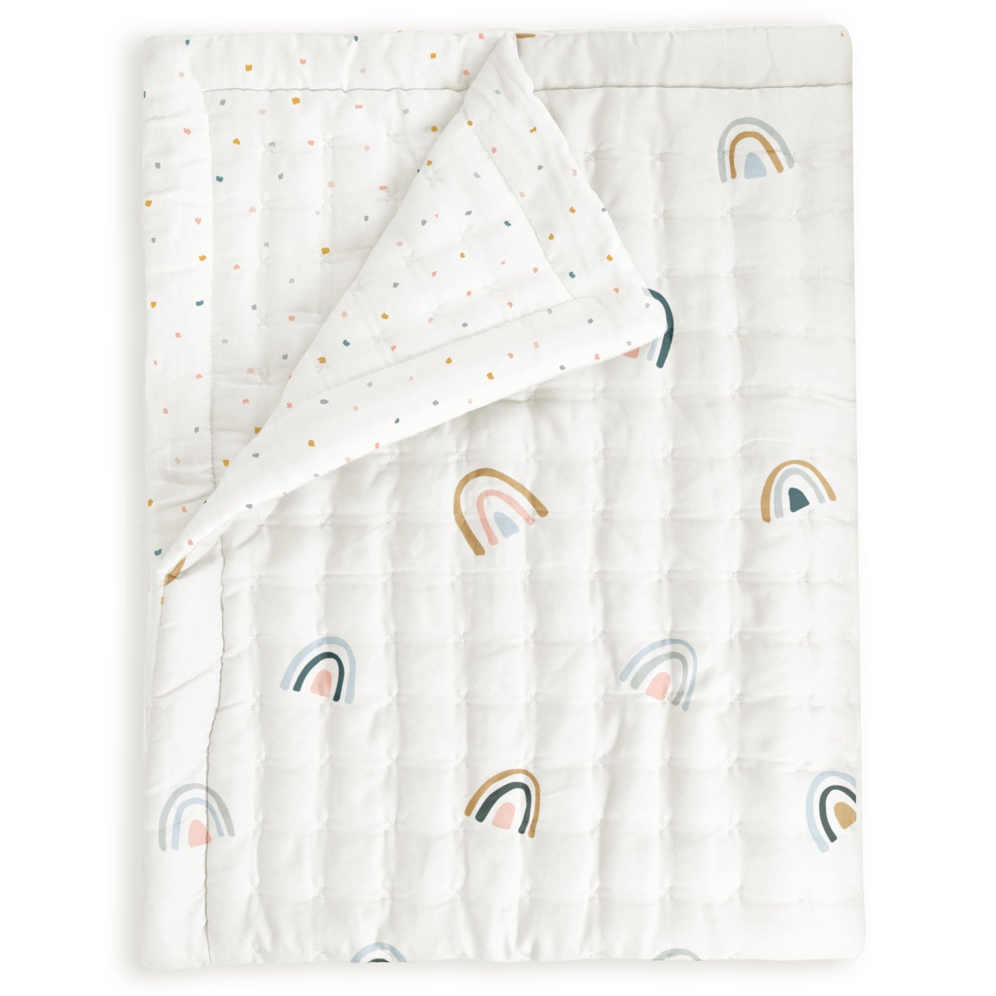 MakeMake Organics Organic Baby Blanket GOTS Certified Organic Comforter Cotton Infill Tufted - Reversible Ultra Soft Breathable (30"x40", Dotty + Rainbow)