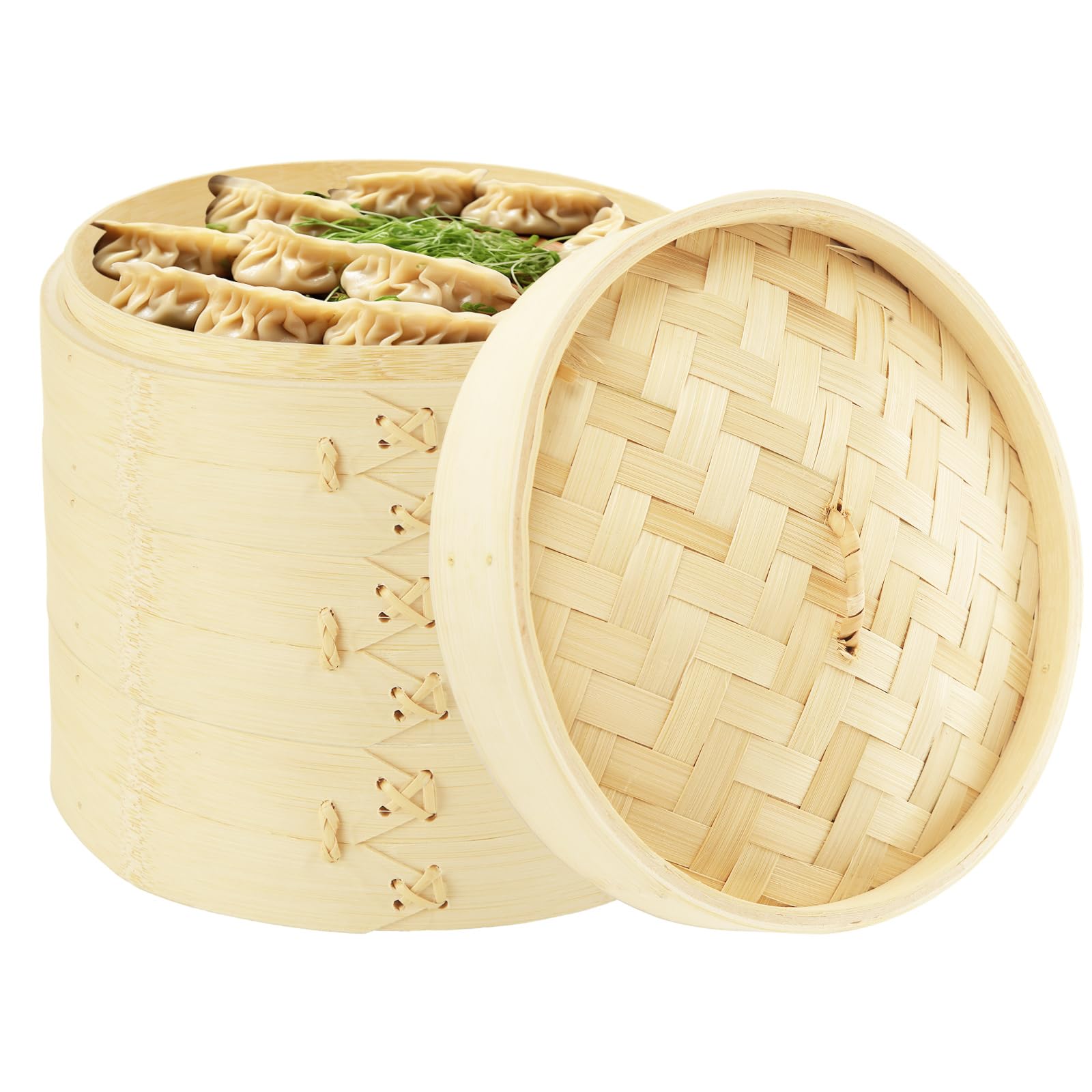 JMIATRY 3 Tier Bamboo Steamer 8 Inch Dumpling Steamer Basket With Side Handles Bamboo Steamers Basket With Lids for Steaming Cookware Asian Food, Bao Buns, Chinese Dim Sum, Dumpling
