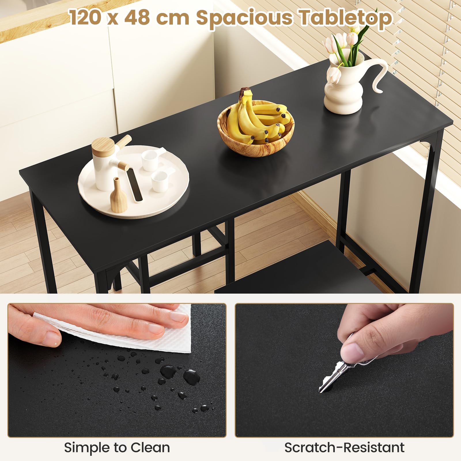GIANTEX Tavolo Alto Cucina per 3 Persone, Tavolo da Pranzo in Piedi Rettangolare, 2 Sgabelli con Poggiapiedi, Struttura in Metallo, Stile Industriale per Spazio Piccolo, Sala da Pranzo, Ristorante
