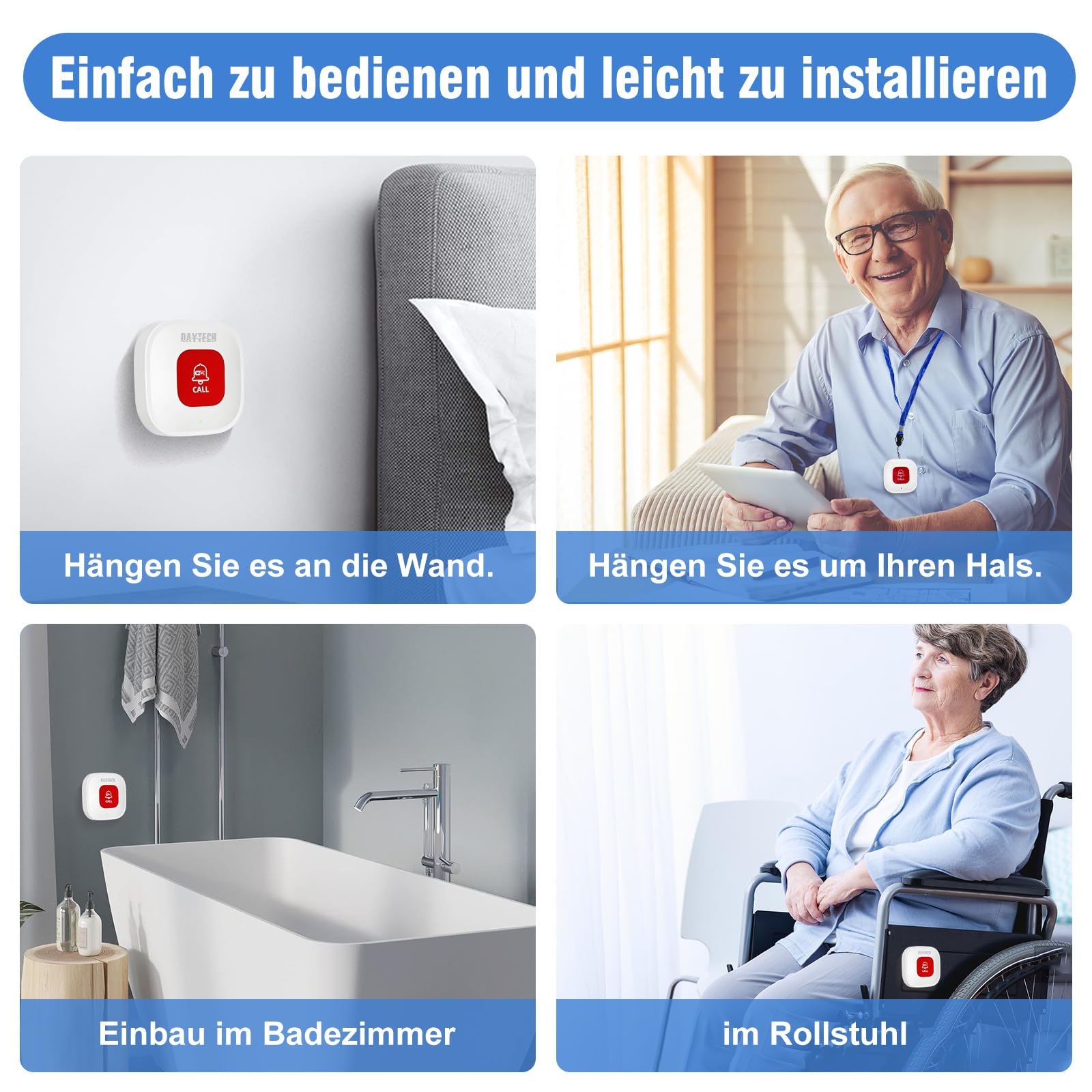 DAYTECH Notrufknopf Für Senioren Auf Handy, WiFi Tuya Smart Senioren Notfallknopf Alert System Hausnotruf Fuer Aeltere Patienten Behindertekinder Sos Notruf1empfaenger1notruf Armband1tasten