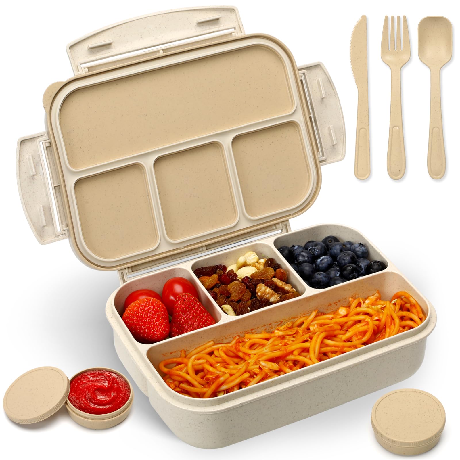 danliar Bento Lunch Box for Kids, Wheat Straw 5.5 Cups Leakproof Adult Bento Box with 2 Sauce Jars, 4 Compartments Lunchable Snack containers, Utensils, Microwave & Dishwasher Safe (Wheat Straw Beige)