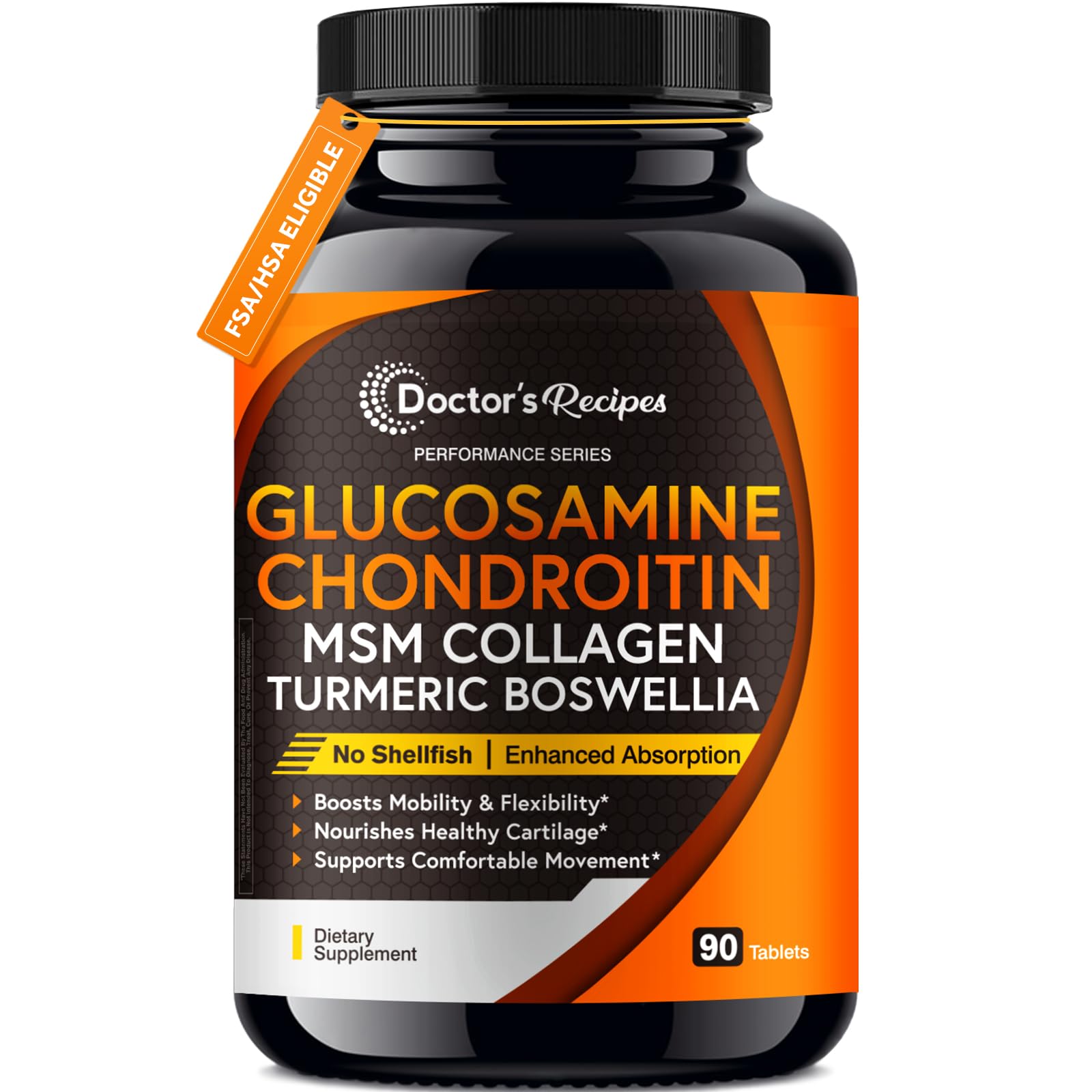 Glucosamine Chondroitin MSM Turmeric Quercetin, with Black Pepper for High Absorption, No Shellfish, 90 Tablets