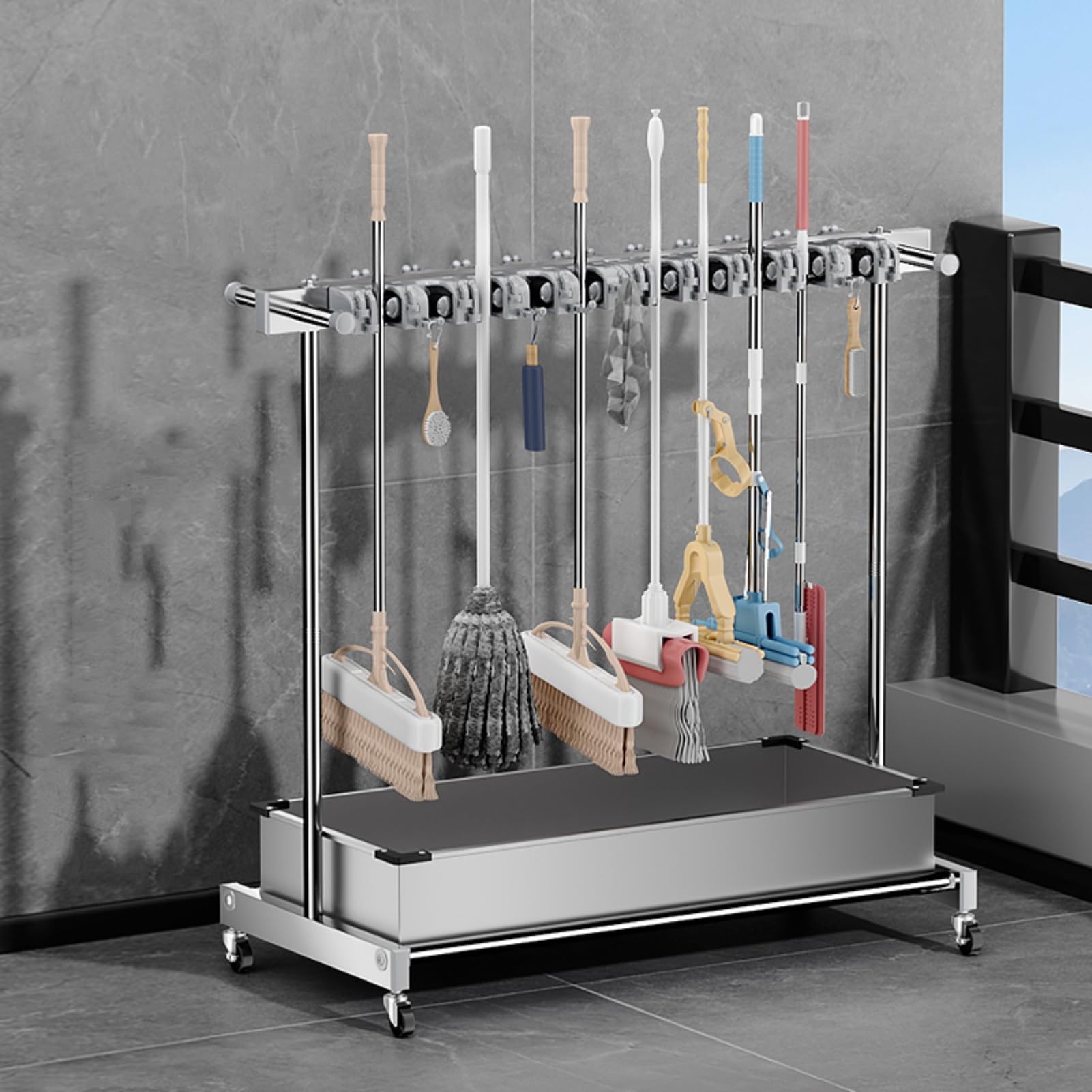 GOCHUSX Broom and Mop Holder, Movable Broom Organizer Storage with Universal Wheels, Stainless Steel Storage Rack Storage for Commercial Kitchen Restaurant Garages(Silver-B,97x50x122cm)