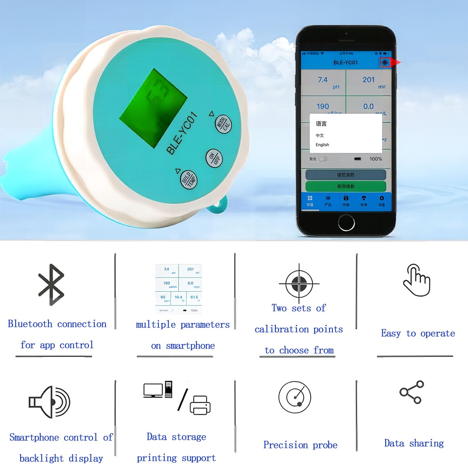 Tester dell'Acqua Intelligente 6 in 1, Kit Bluetooth per Il Test dell'Acqua Domestica con Monitoraggio App, Temperatura PH EC TDS ORP CL, per Acqua Potabile, Pozzo, Città, Piscina, Acquario