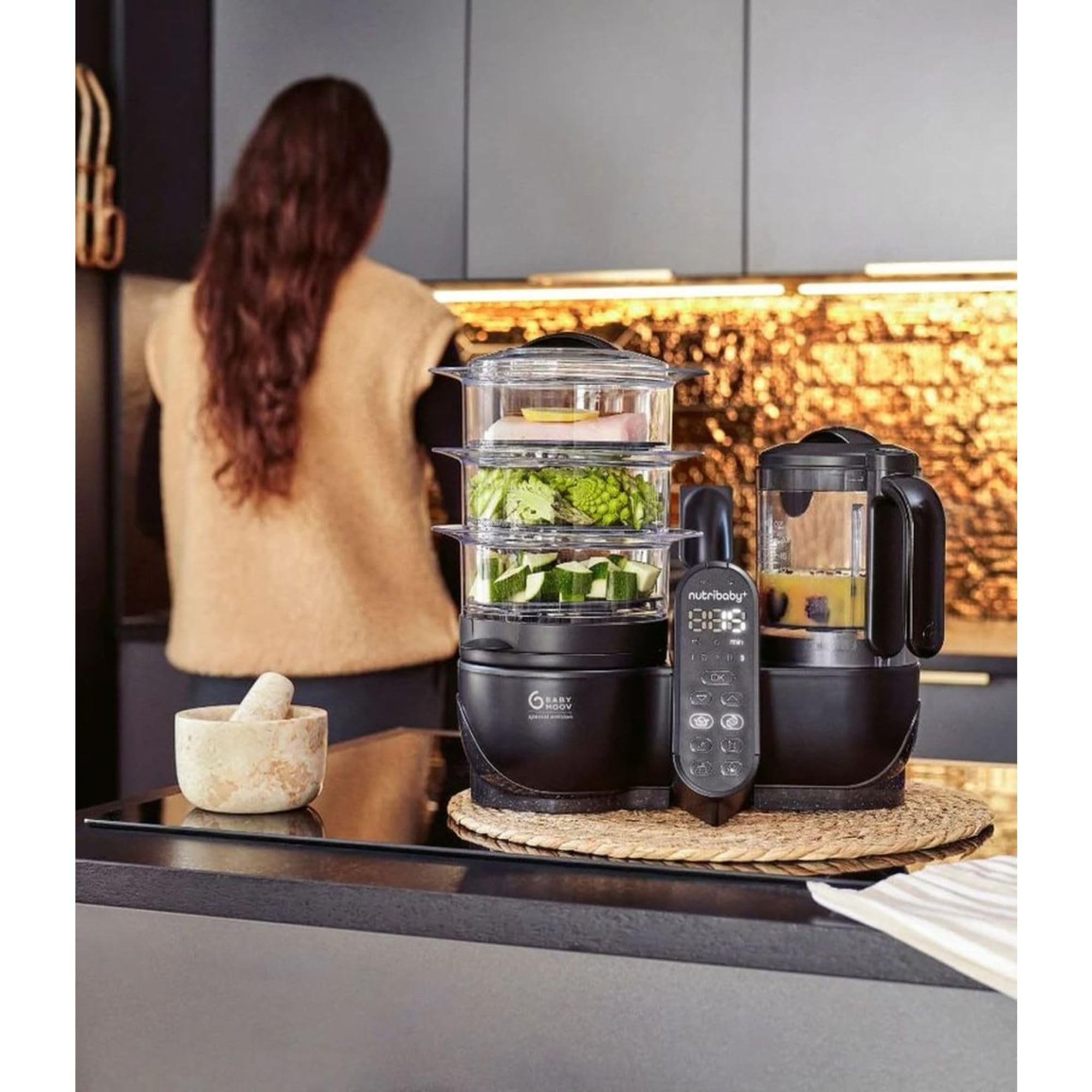 Babymoov Nutribaby (+) XL Robot Cooker, duża pojemność 2,9 l, do 14 posiłków w 1 cyklu, 6 funkcji w 1-2 koszach na parze - dywersyfikacja żywności - mikser dla niemowląt, czarny