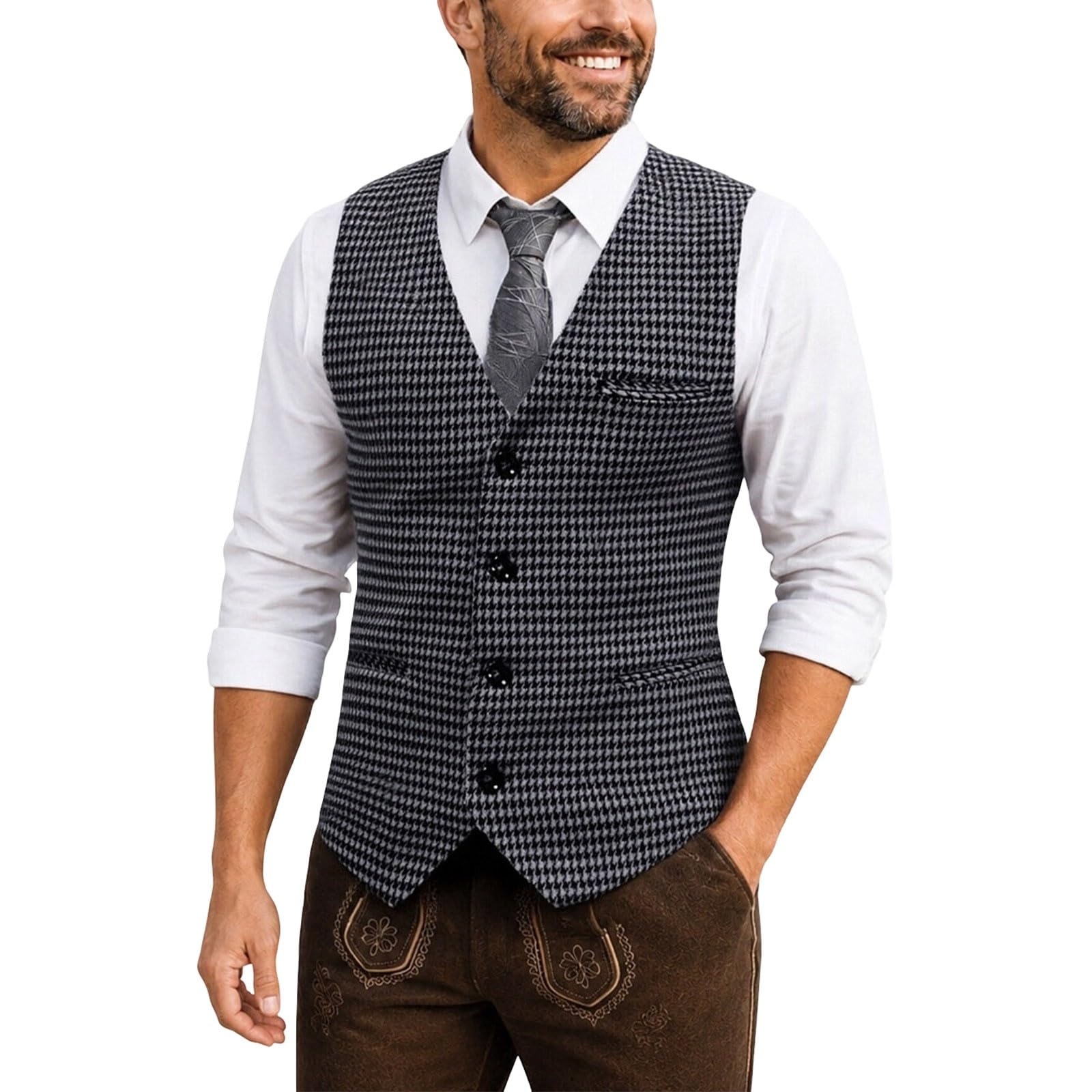 Gilet tradizionale da uomo per Oktoberfest, stile vintage, con tasche e bottoni, classico, con scollo a V, senza maniche, trapuntato, tinta unita, slim fit