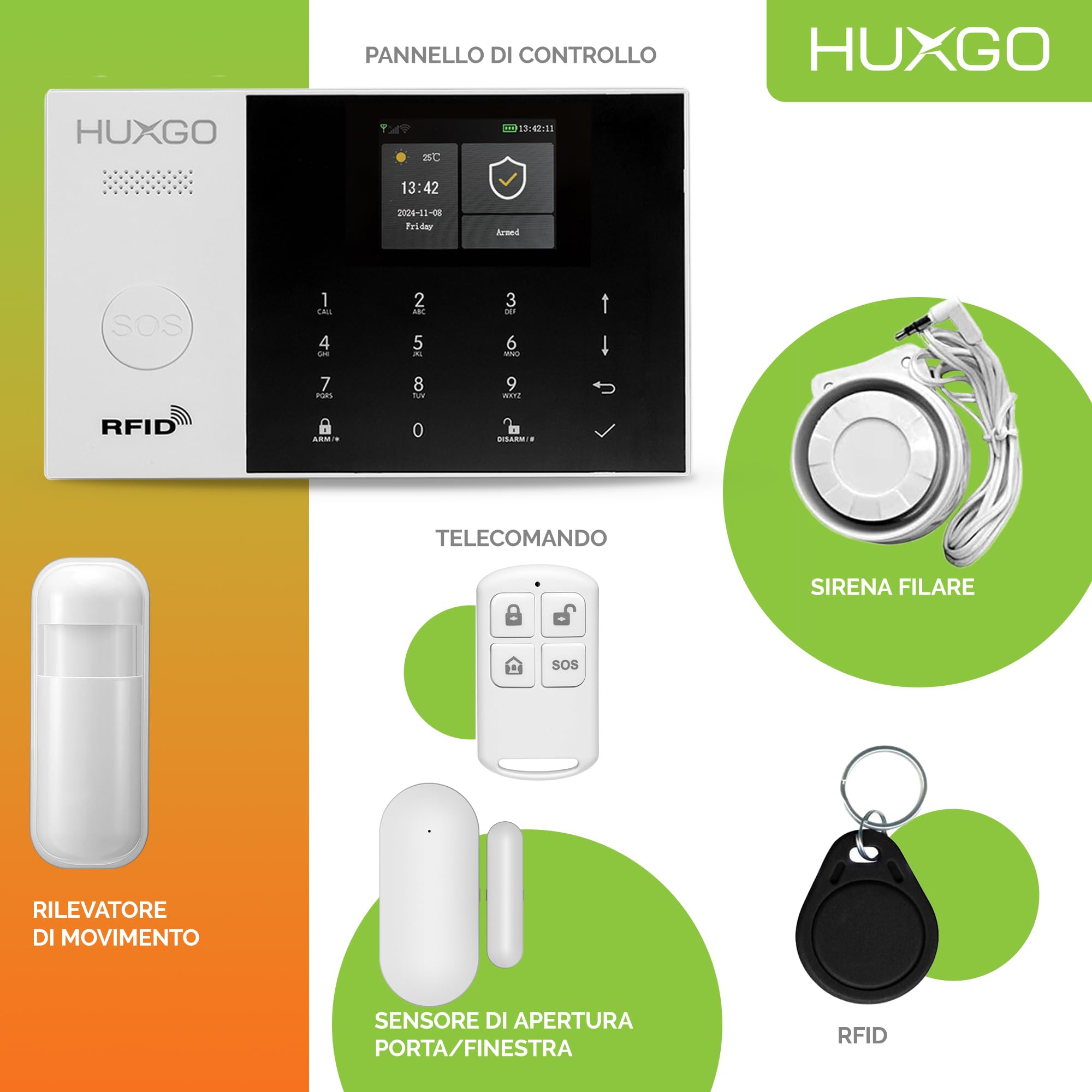 HXA005 Sistema di allarme casa senza fili con sirena WiFi + GSM 4G | Antifurto casa kit con 1x sensori di allarme per finestre/portes, 7x rilevatori di movimento | Allarme Casa