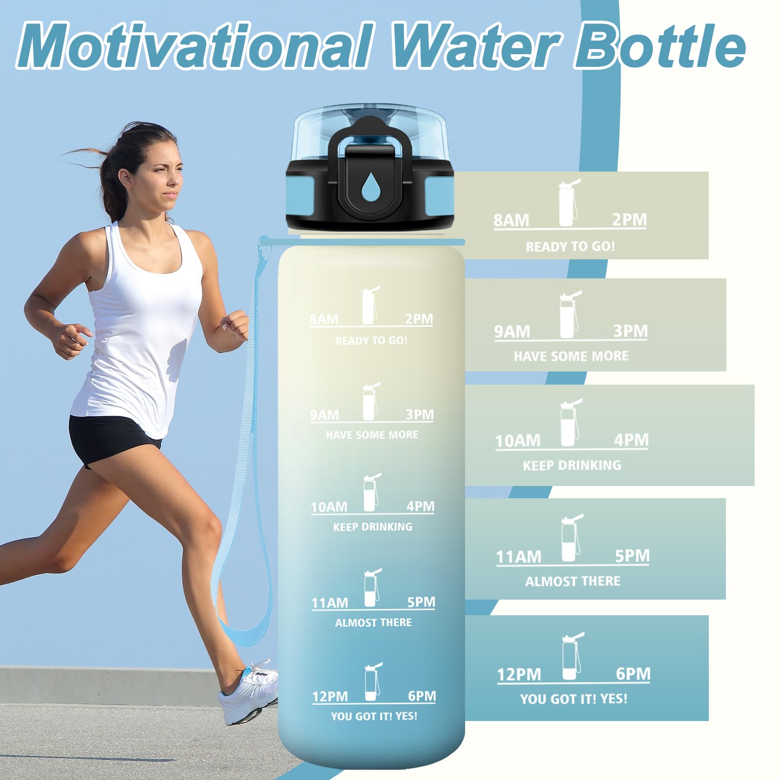 JAPORIA Borraccia 1 Litro, Bottiglia con Filtro, A Prova di Perdite, Borraccia senza BPA, Riutilizzabile, Bottiglia Motivazionale con Indicatore del Tempo, Borracce per Scuola, Ufficio, Campeggio