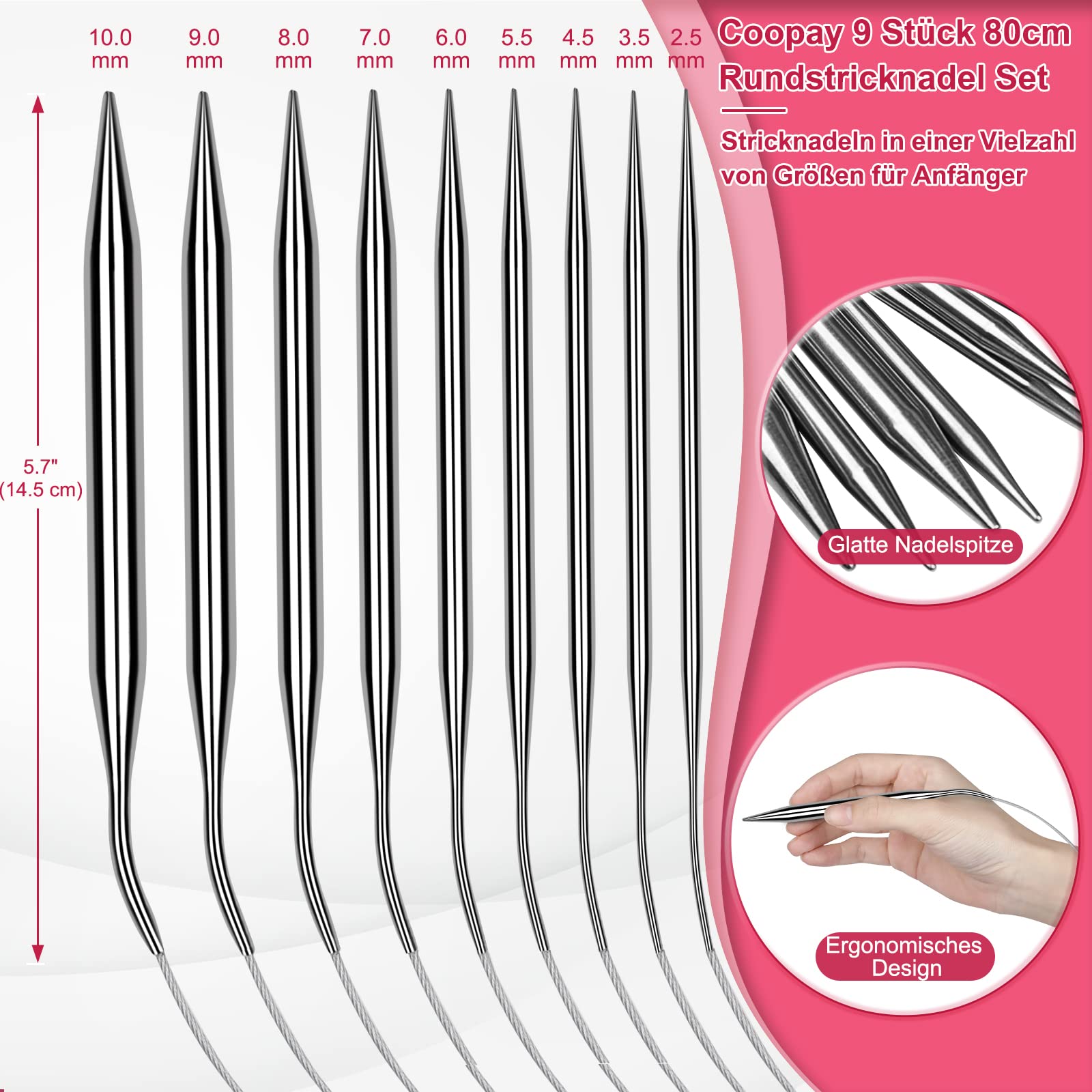 Coopay Lot De 9 Aiguilles Circulaires Tricot Acier Inox 80 Cm - Tailles 2.5 à 10 Mm, Aiguilles Rondes Flexibles Pour Chaussettes, Pulls, Layette Et Projets Tricot
