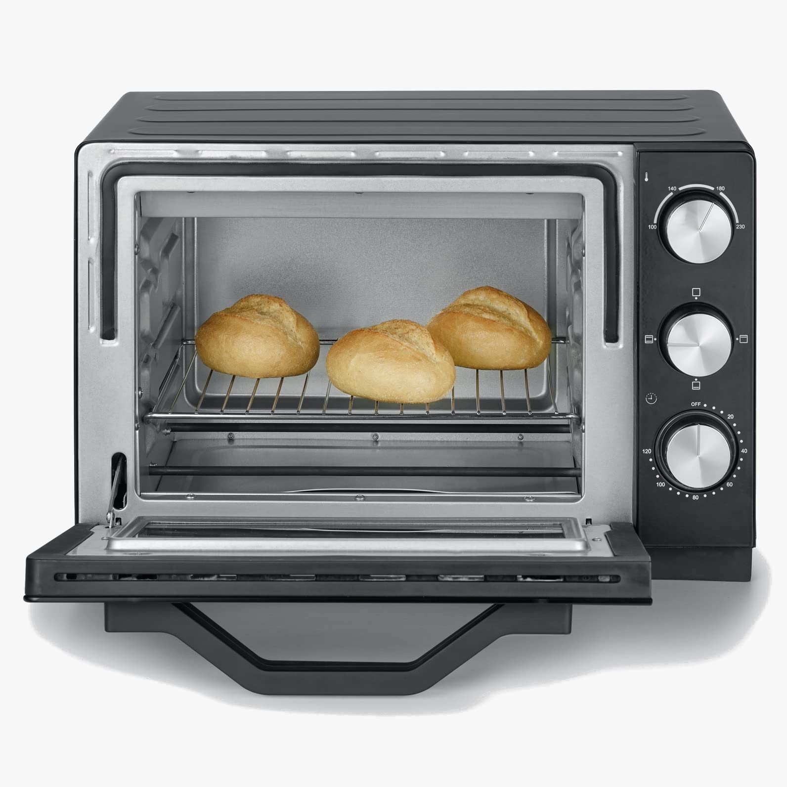SEVERIN Back- und Toastofen mit Umluftfunktion, Mini Backofen mit Grillrost, Backblech und Krümelblech, bis zu 230 Grad, vielseitiger Toastofen mit 20 L Kapazität, 1.380 W, schwarz, Edelstahl, TO 2070