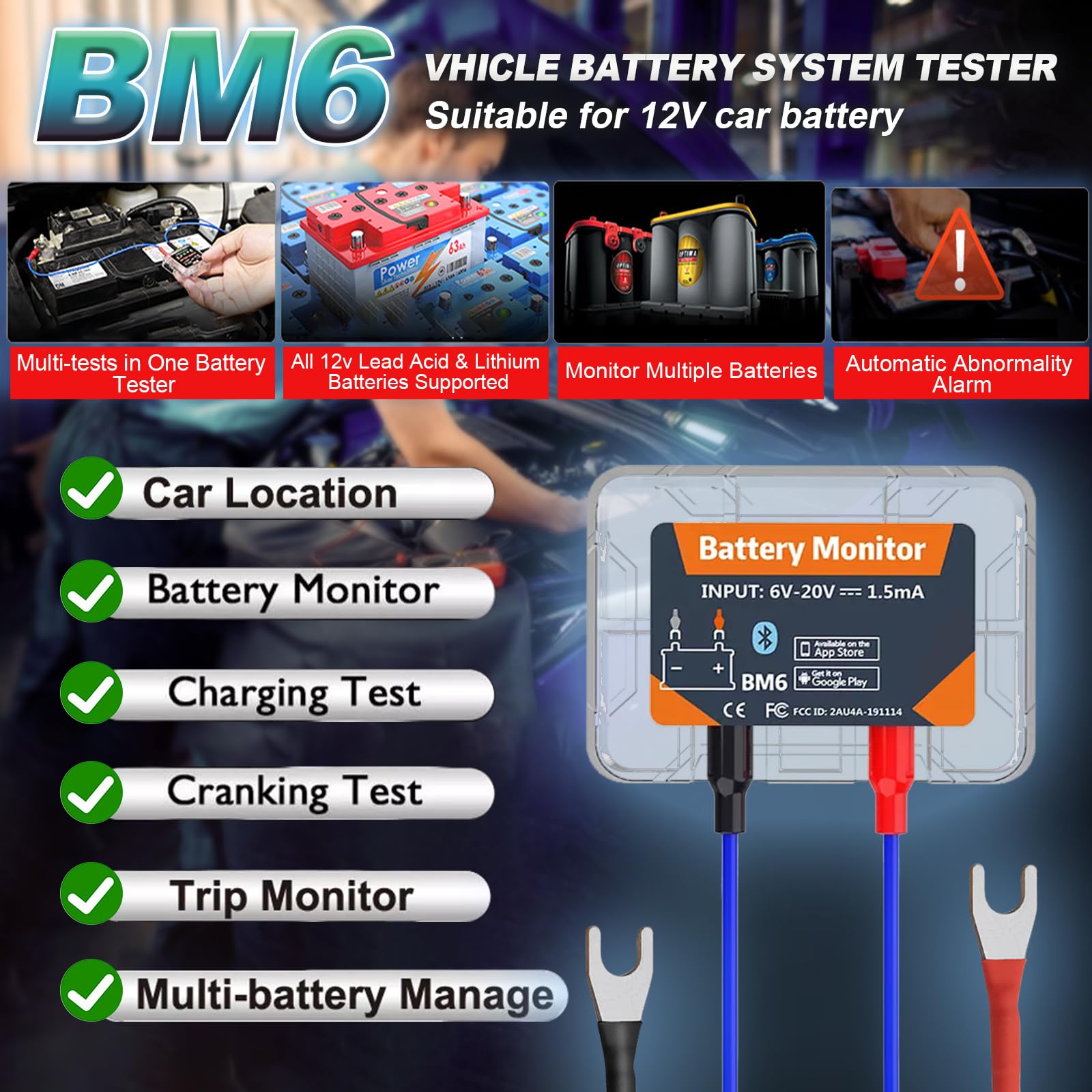 12 V Car Battery Tester, Bluetooth 4.0 Battery Monitor 12 V Battery Load Tester in tempo reale Visualizza informazioni sulla batteria Adatto per Android iOS Car Owners Motorcycles Barche Auto