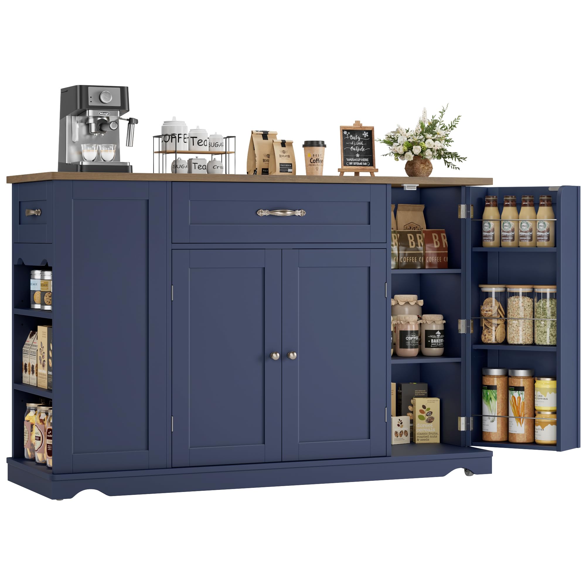 HOSTACK Kitchen Island Cart with Storage, Rolling Island Table, Navy Blue