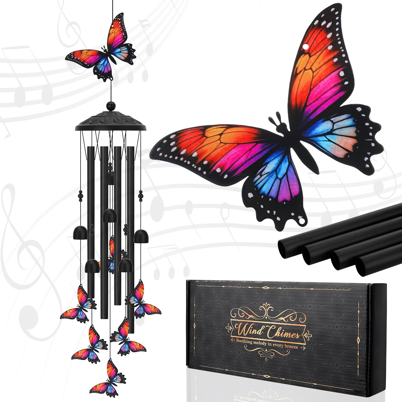 Meng Jiaran Colorful Butterfly Wind Chimes for Outside Metal Windchimes for Butterfly Lovers, 35 Inch Wind Chime Garden Decor for Memorial, Birthday Gifts for Patio, Porch,Yard Decor