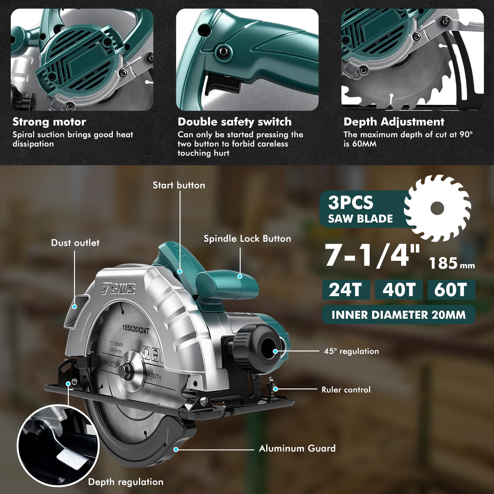 Sega circolare per legno Sierra Circular 1200W, Mini Sega Circolare 5200RPM, profondità di taglio: 60 mm (90°) - 45 mm (45°), velocità variabile per legno, metallo dolce, plastic