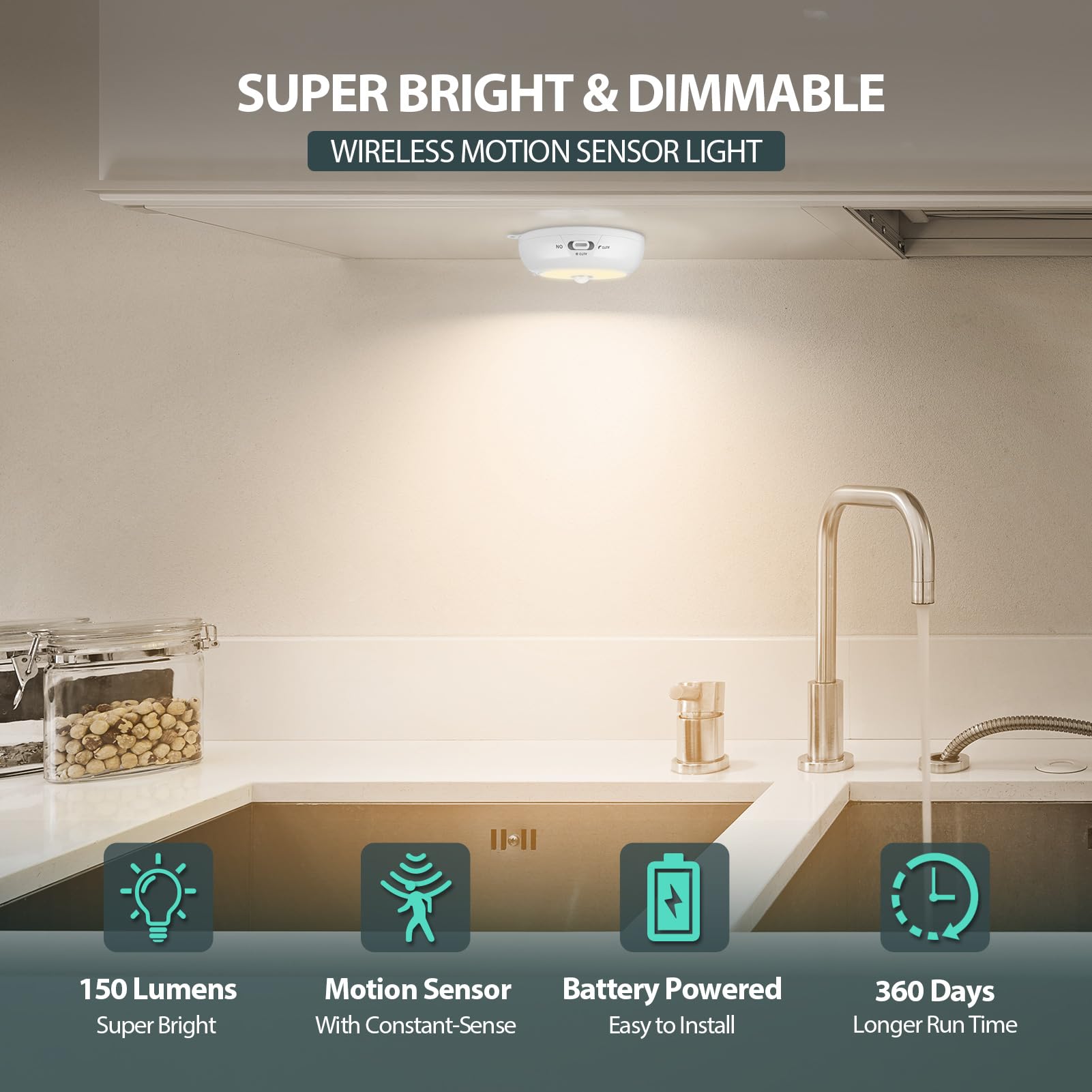 Reoshine Iluminación para debajo del gabinete, luces LED de disco que funcionan con pilas AA, luces de armario con sensor de movimiento para cocina, estante, regulable y magnética, 3000 K blanco