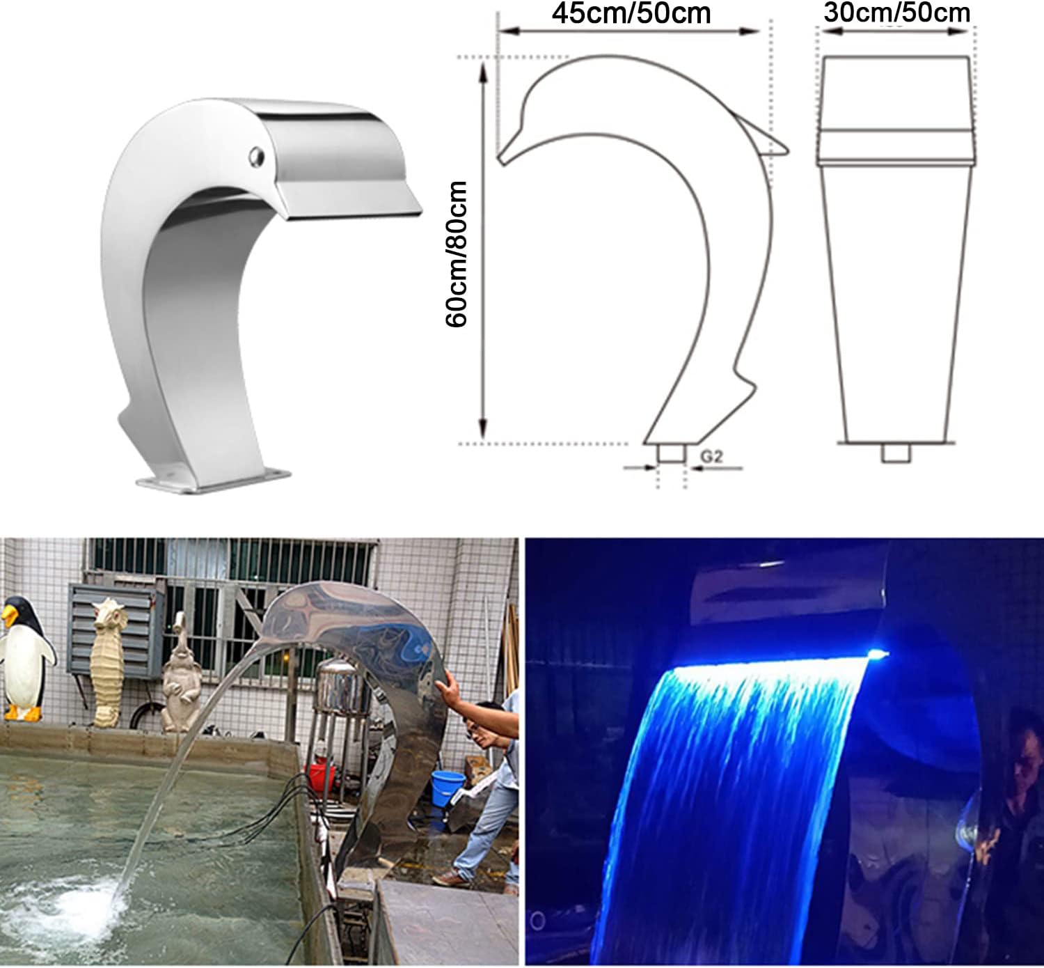 Stainless Steel Waterfall Fountain Kit - 60cm*30cm Outdoor Pool & Pond Decor, Elegant Garden Water Features for Swimming Pools, Type 2 Waterfalls