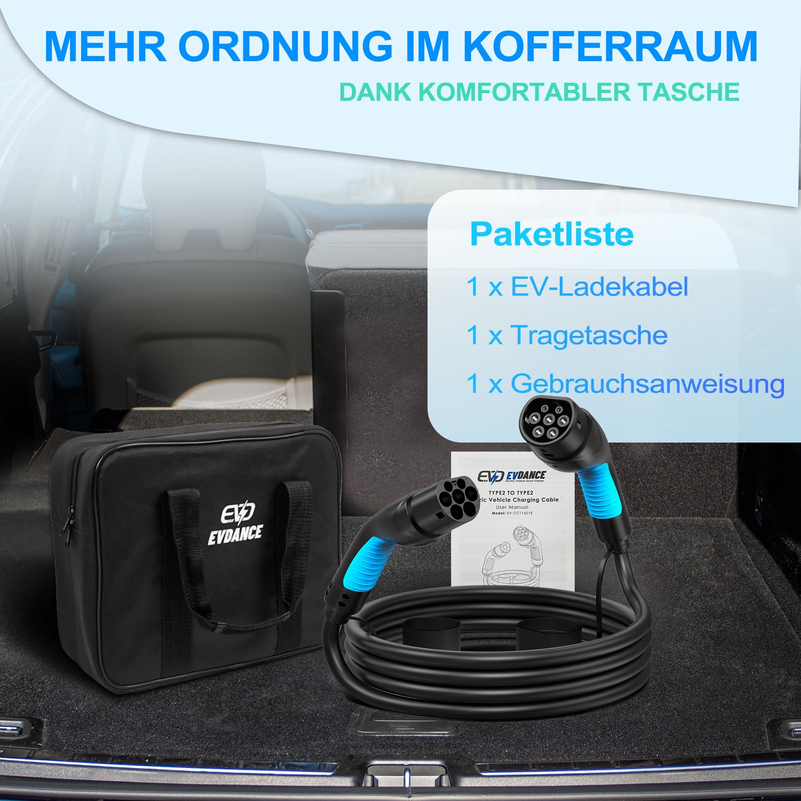 Typ 2 Ladekabel, 6m 16A 3 Phasig Typ 2 Ladekabel 11kW mit Tasche für EV Elektroautos-Ladekabel Typ 2 für E Auto EV/PHEV-Ladekabel E Auto- Ladekabel Elektroauto Typ 2 kompatibel mit jedem Elektroauto