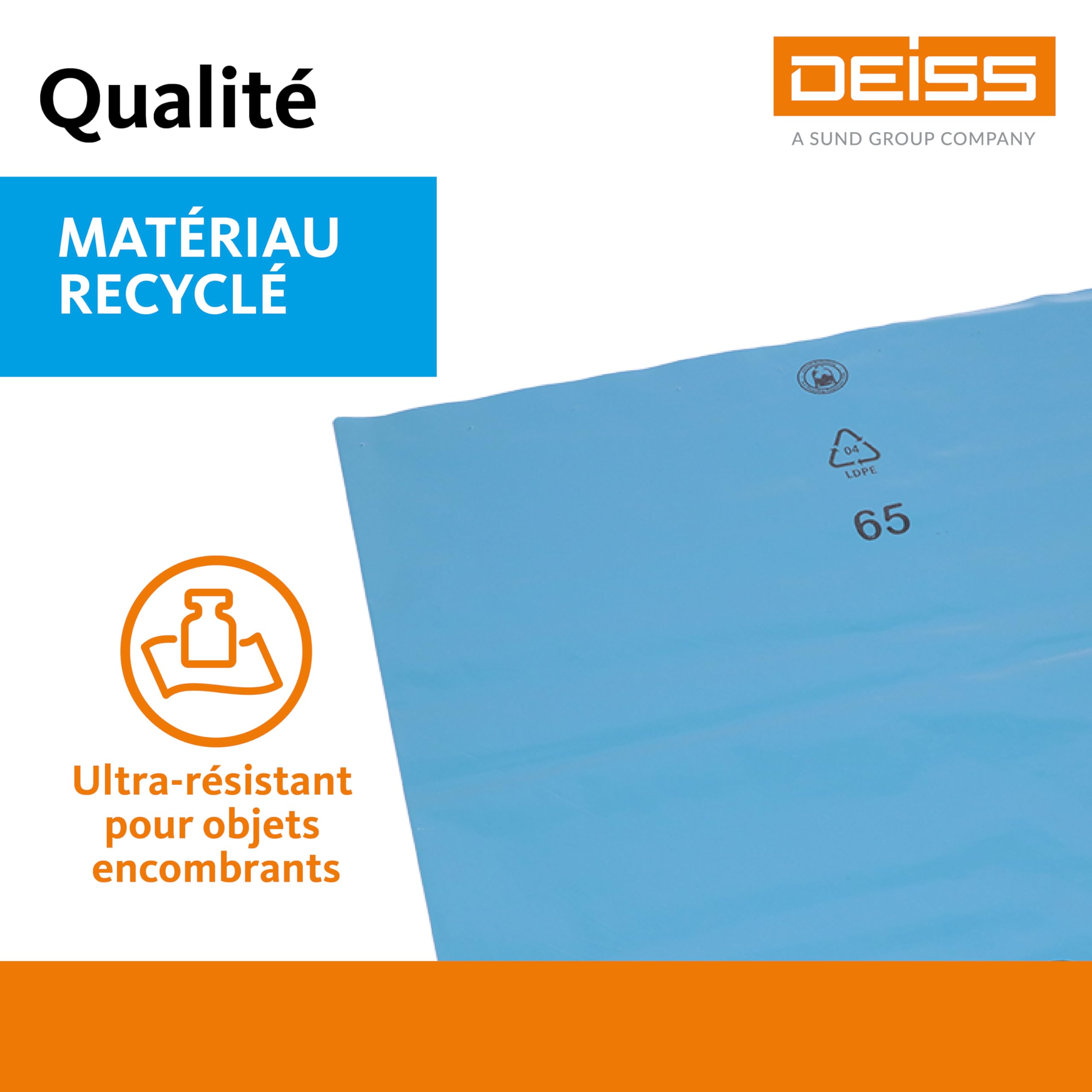 DEISS Sacs à déchets 240L bleus – 1000x1250 mm – 60 µm – LDPE recyclé – 100 sacs/carton – robustes et opaques – pour restauration, nettoyage, industrie et collectivités
