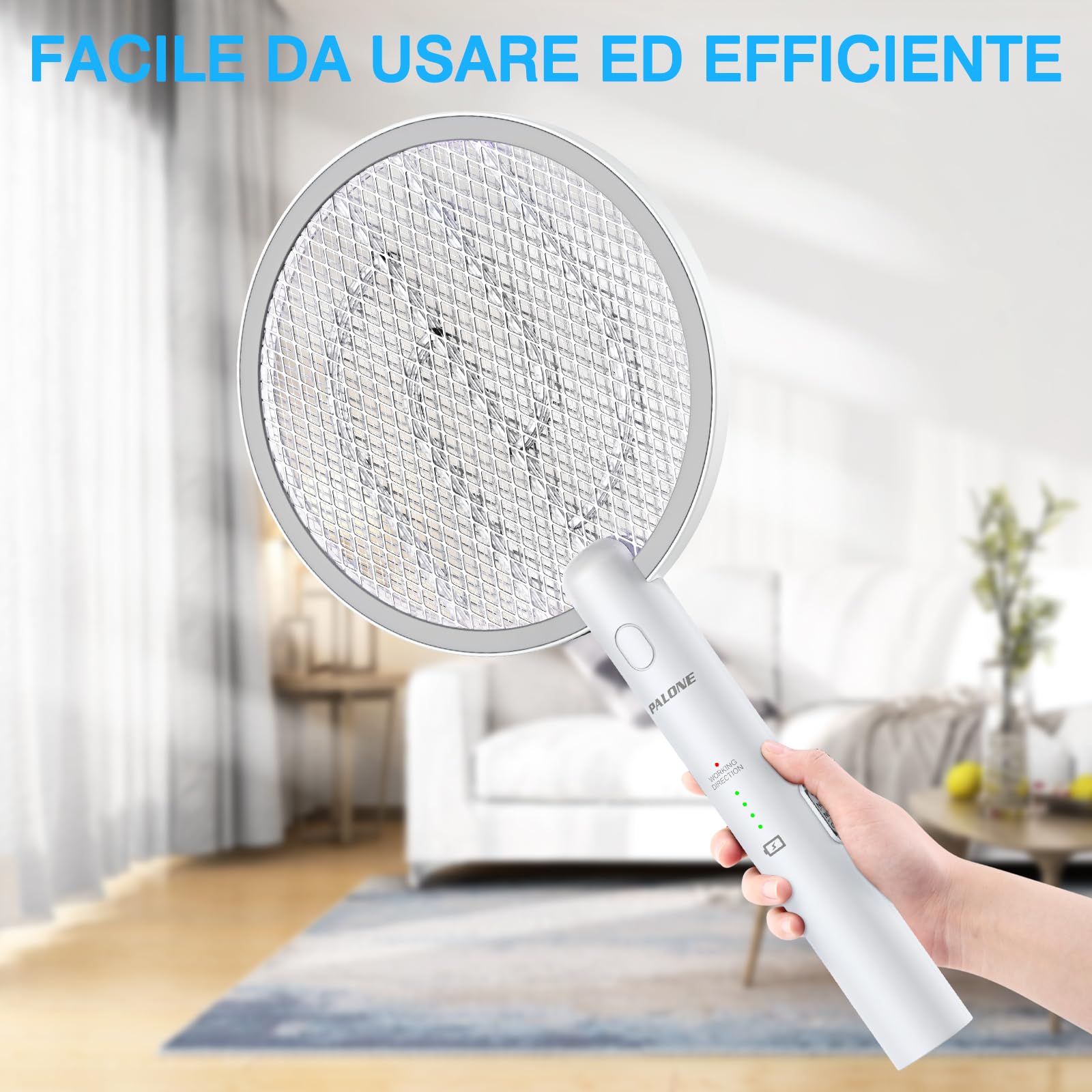 PALONE Racchetta Zanzare Elettrica, 4000V con USB Ricaricabile LED 2-In-1 Racchetta Zanzare Elettrico, Protezione Maglia a 3 Strati, Adatto per Casa Giardino Campeggio Interni ed Esterni - Bianco