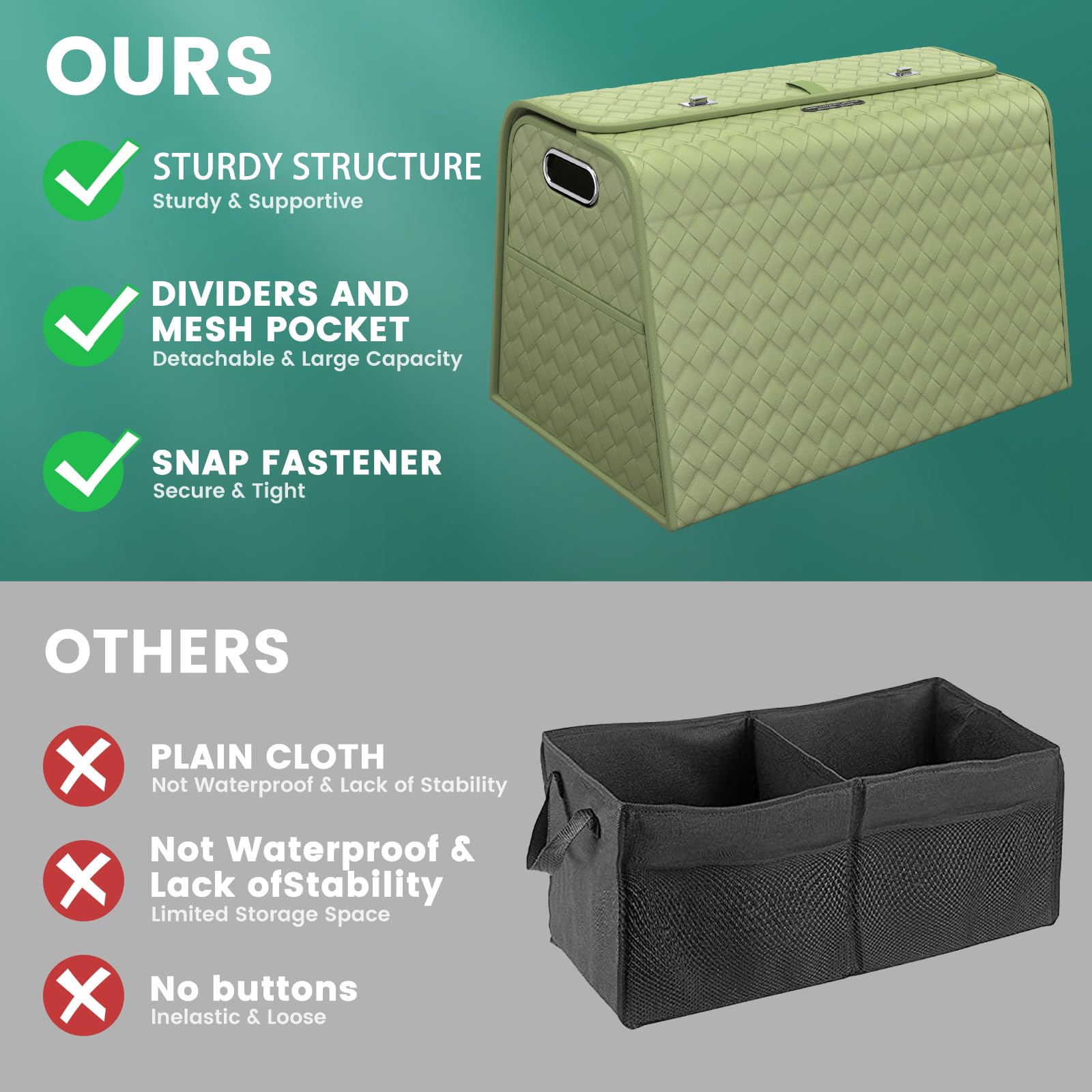 Faltbarer Kofferraum-Organizer für Auto, Leder-Auto-Aufbewahrungs-Organizer für SUV, LKW, MPV, zusammenklappbar, mehrere Fächer für Einkaufen, Camping, Aufbewahrungsbox (groß, mintgrün)