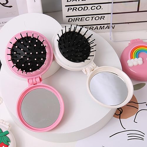 Miniatura 5 de Cepillo de pelo de viaje, peine de bolsillo con mini espejo, cepillos de pelo plegables compactos, redondos, mini peine de masaje compacto para