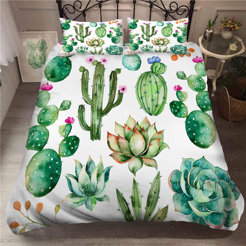 Fansu Green Cactus 3 Piece Bedding Set,Single Double King Size 3D Tropical Style Print Duvet Cover Sets With Microfiber Breathable Quilt Cover & Soft Pillowcases For Adults Kids (,135X200cm)