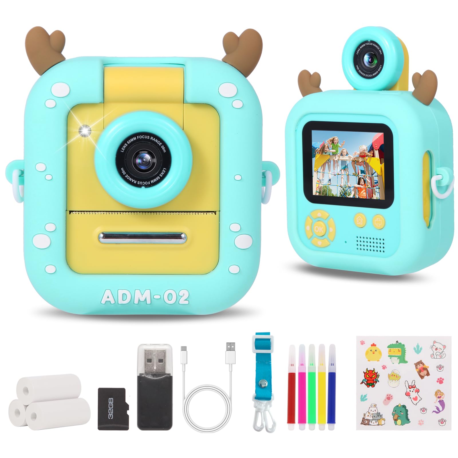 Macchina Fotografica Bambini Istantanea, ZUEOKAI 2,4" Fotocamera Istantanea Bambini con 180° Flip Obiettivo e 3 Stampa Carta, 32GB, Fotocamera con Silicone Custodia, Regalo Bambina Bambino 3-10