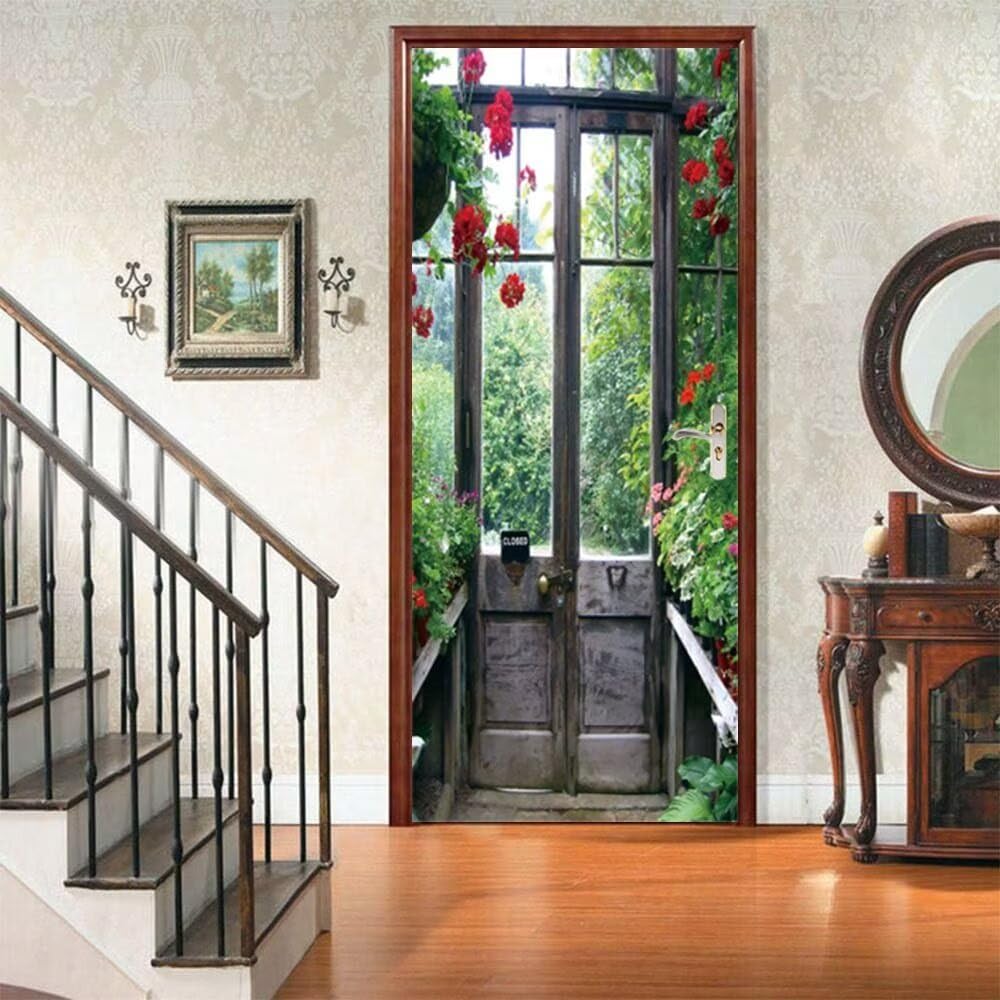 3D Sticker De Porte Porte En Bois Sculpté Rétro 77 X 200 Cm Photo Mural Trompe L'Oeil Stickers Muraux Pvc Imperméable Papier Peint Pour Chambre Salle De Bain Cuisine Décoration Autocollants Po