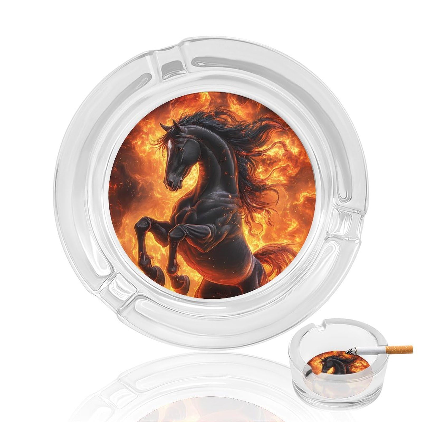 Fire Horse Ashtray Portable Round Glass Outdoor Ash Tray for Home Office Garden Pub