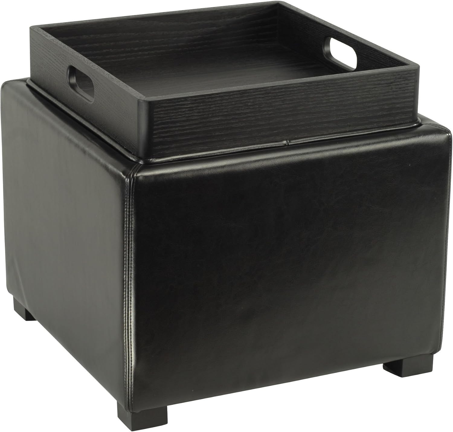 Brown Bi-Cast Leather Ottoman with Tray and Storage