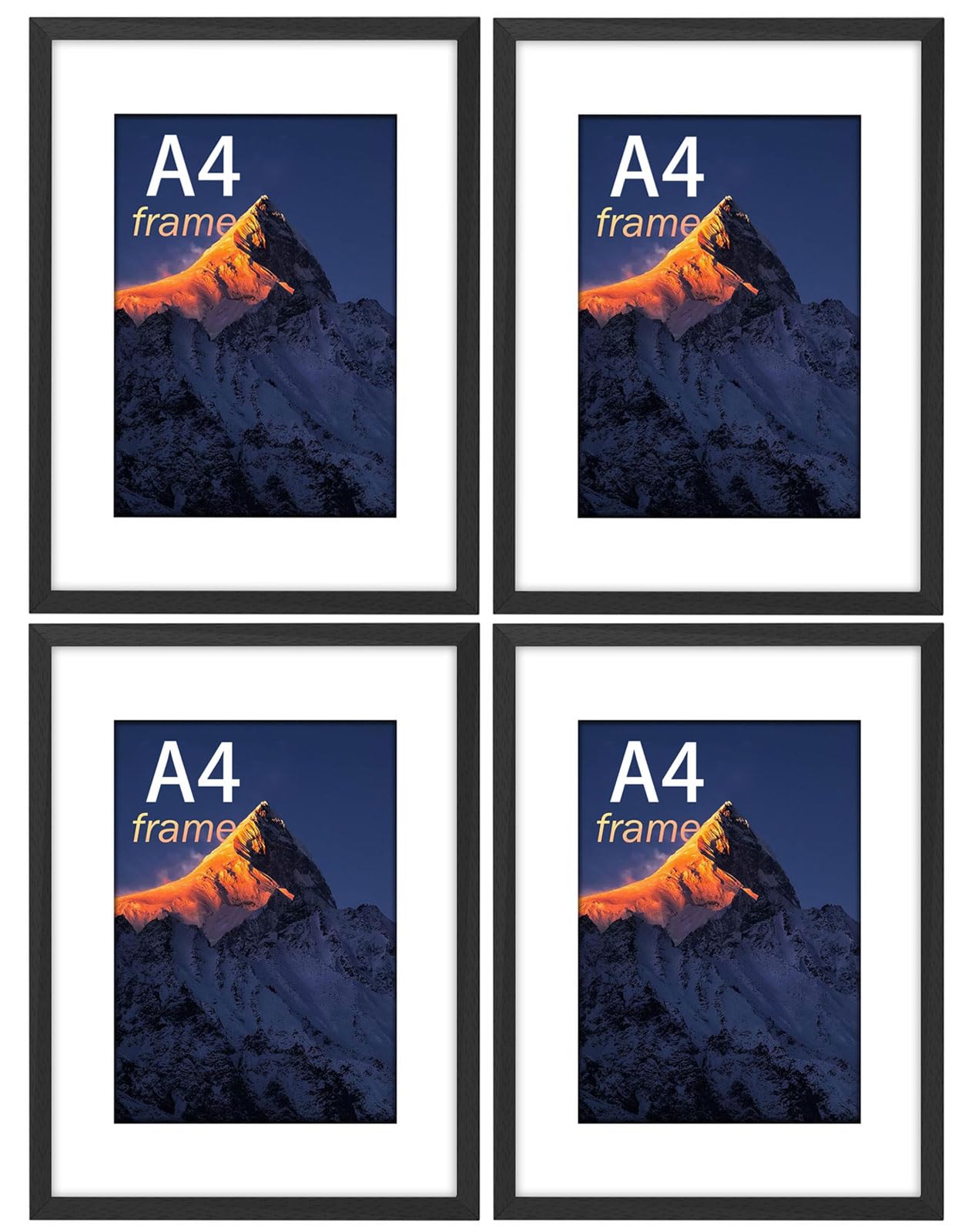 wyewye Marco de fotos A4, DIN A4, 21 x 29,7 cm, marco de fotos A4 con cristal de plástico irrompible, DIN A4, marco A4 para impresión A4 y fotos de 6 x 8 (negro), paquete de 4 unidades