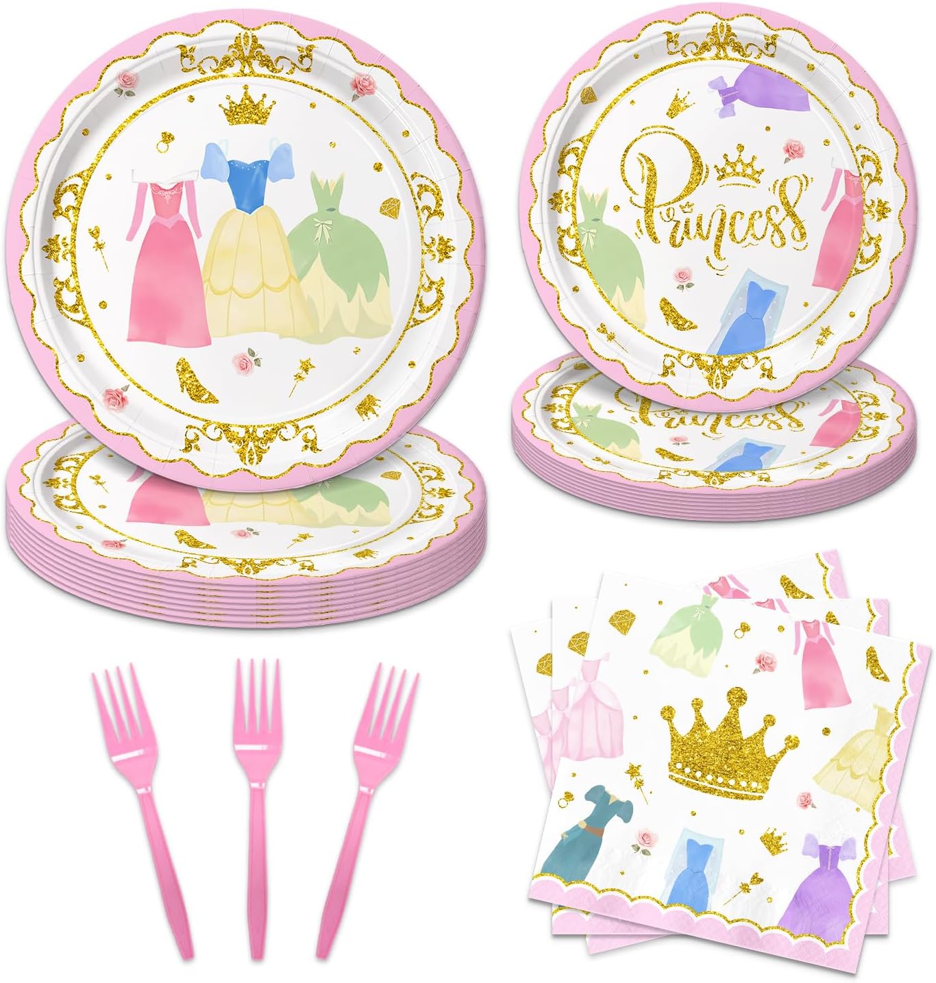 96Pcs Princess Dress Birthday Party Decorations Princess Birthday Party Decorations with Dinner Plates Dessert Plates Napkins and Forks for Girls Baby Shower Set for 24 Guests