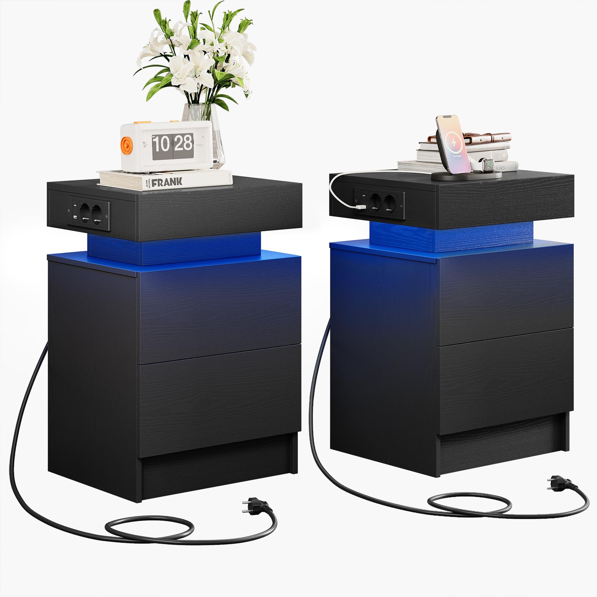 IRONCK Nachttisch 2er Set Mit LED & Steckdosen - Moderner Nachtschrank Mit Schubladen