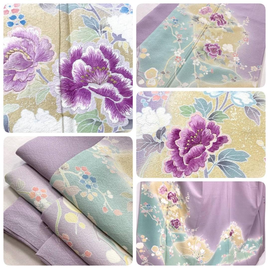 Amazon.co.jp: じゅらく帝王紫 刺繍 友禅 訪問着 花柄 正絹 紫 黄緑 