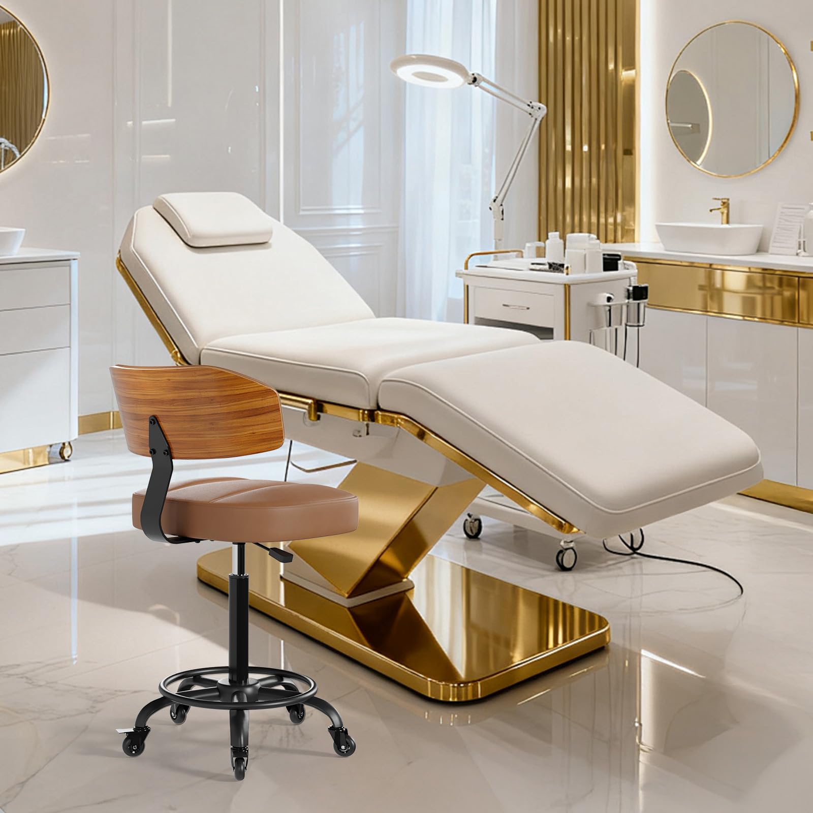 Bürostuhl ohne Armlehnen Drehstuhl 360° Schreibtischstuhl mit Rollen höhenverstellbar PU-Leder für Arbeitszimmer Schlafzimmer Homeoffice Schminkbereich Operationssaal Labor Schwarz Braun