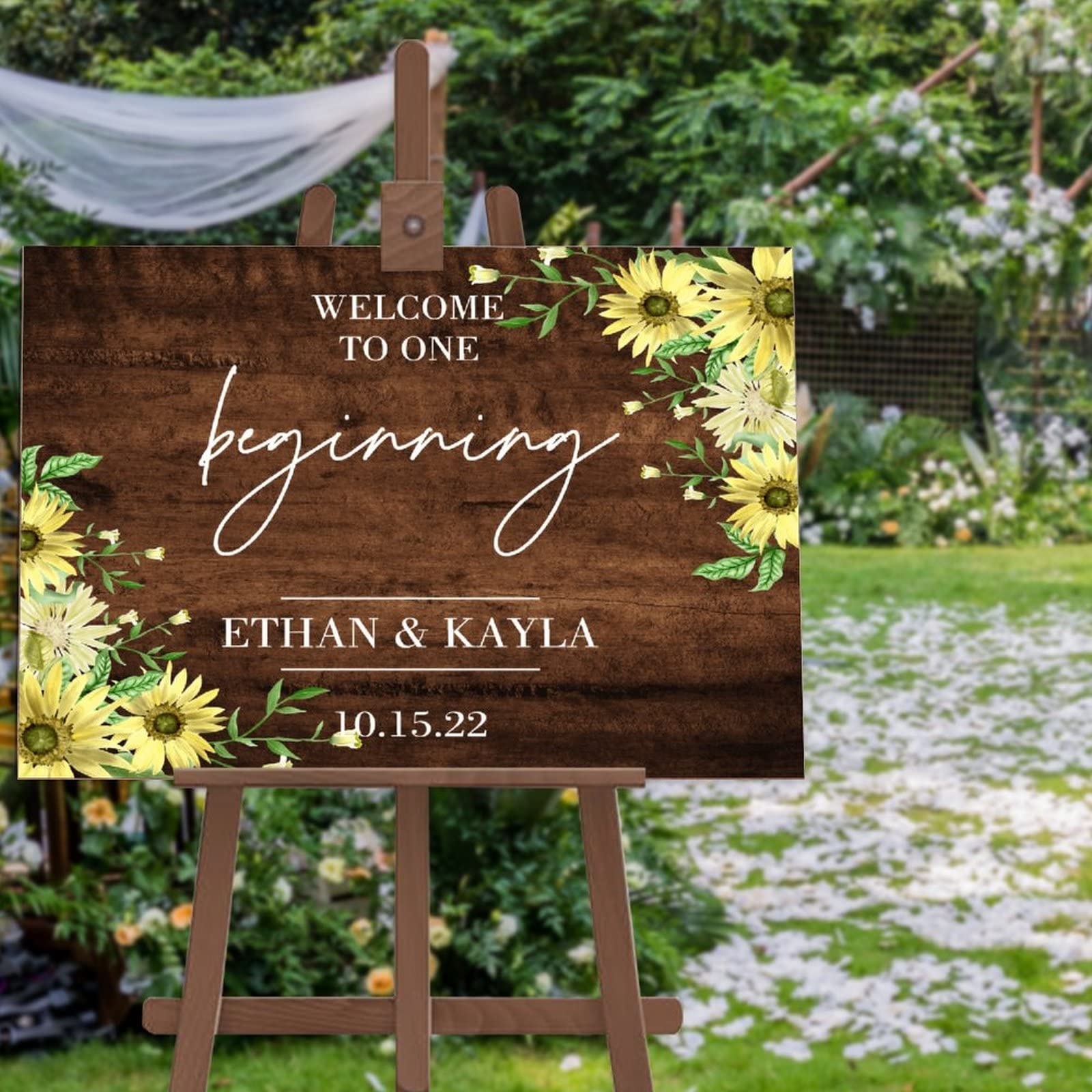 Spersonalizowany znak powitalny ślubny 'Welcome to Our Beginning' drewniany znak ślubny rustykalny niestandardowy nazwisko dekoracja drewniany znak przyjęcie weselne plakat na ceremonię zaręczyny