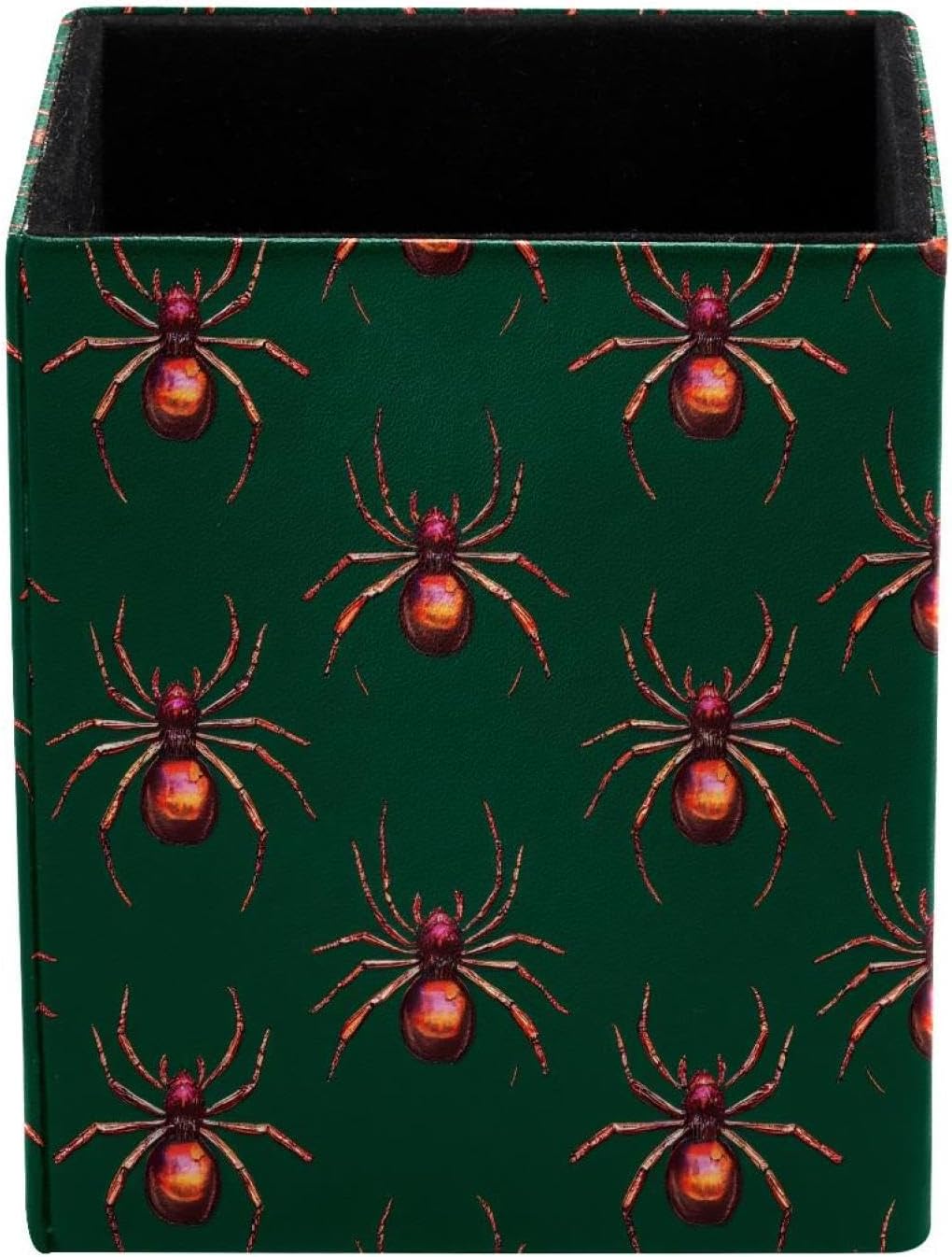 Square Pen Holder with Red Spider Dark Green for Desktop, Makeup Brush Holder Pencil Cup,Pencil Organizers Supplies Storage Stationery and Accessories for School,Office, Home