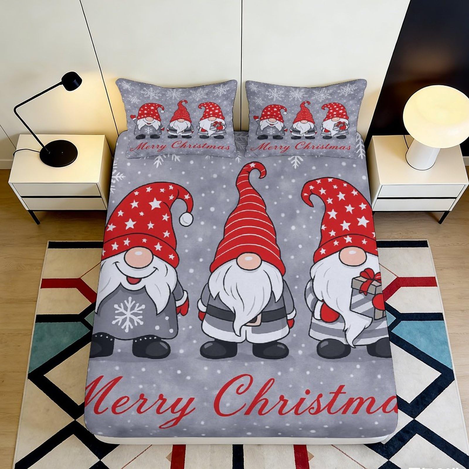 Jqzkxnhpbr Style-8 3D Printed Christmas Gnome Fitted Sheet Microfiber Soft Grey Red Bed Cover For Bedroom Guest Room Decor 90X200x25cm