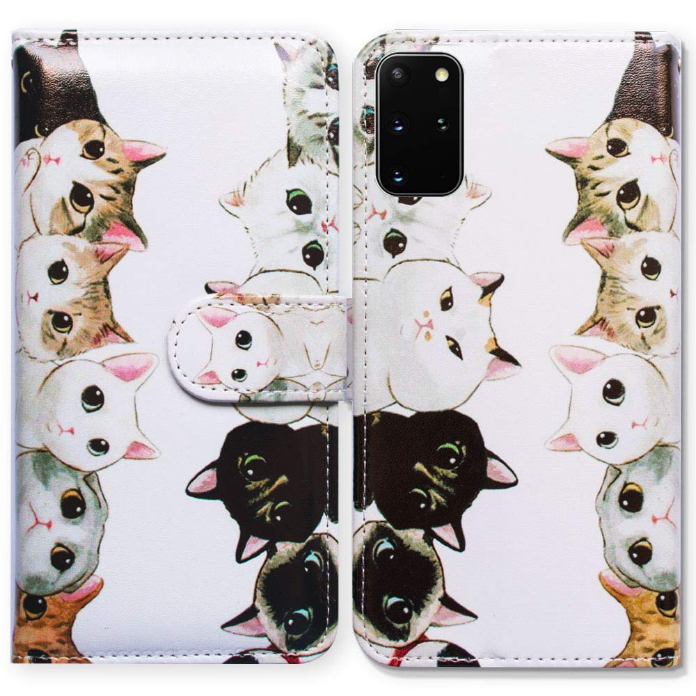 BCov Leather Flip Case for Samsung Galaxy S20 Plus - White Black Cute Cats Design with Card Slot Holder and Kickstand