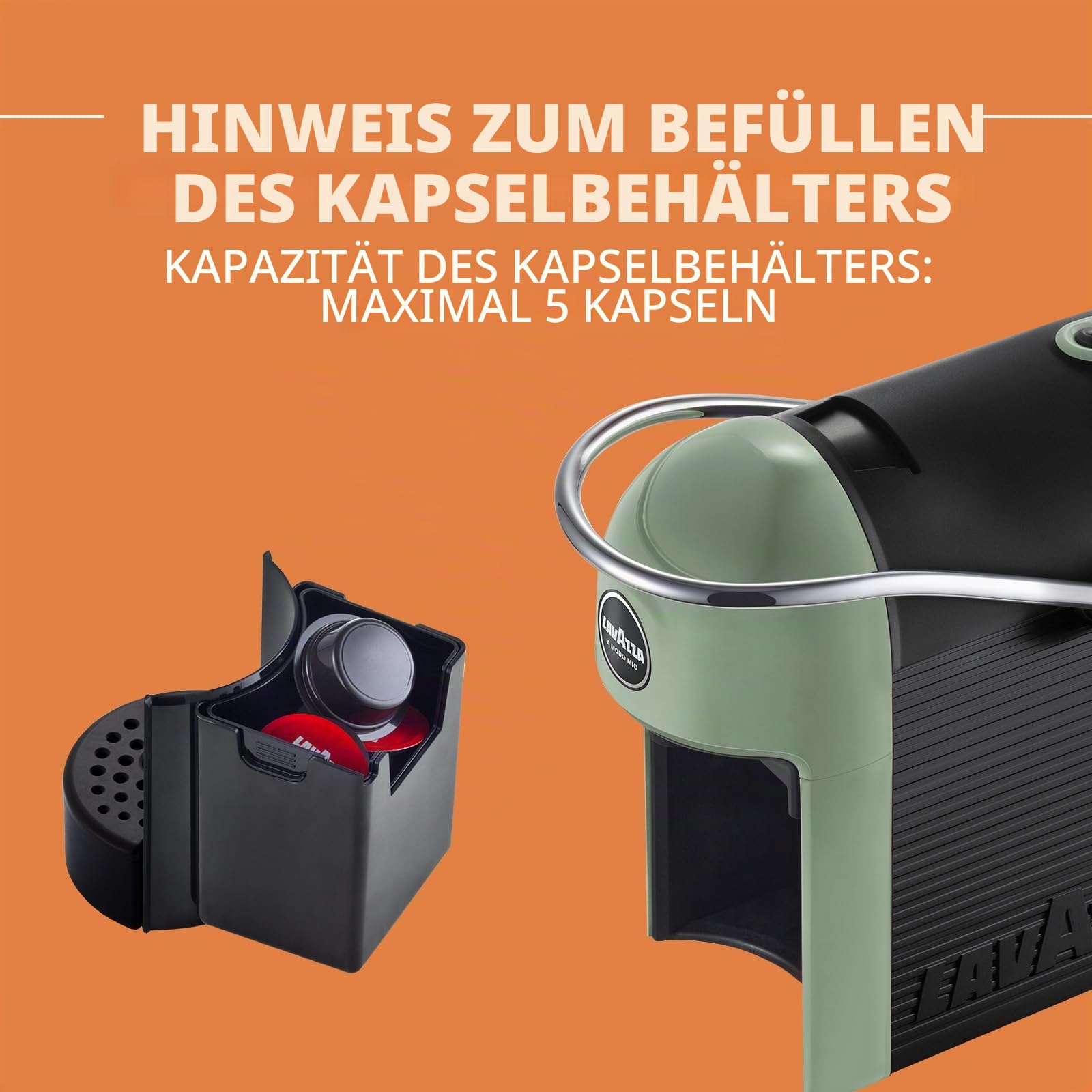 Lavazza, A Modo Mio Jolie Evo, Kaffeemaschine aus 36% recyceltem Kunststoff, Espressomaschine mit 64 Kapseln Lavazza, A Modo Mio Crema und klassischem Geschmack inklusive, Grün