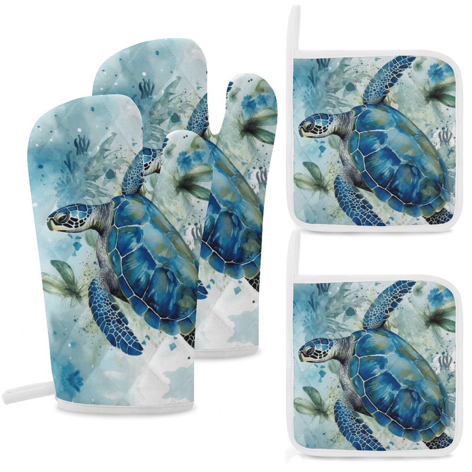 Sea Turtle-Blue Oven Mitts and Pot Holders Sets Heat Resistant Oven Glove with Hanging Loop for Baking Cooking BBQ Thicken Potholders for Kitchen