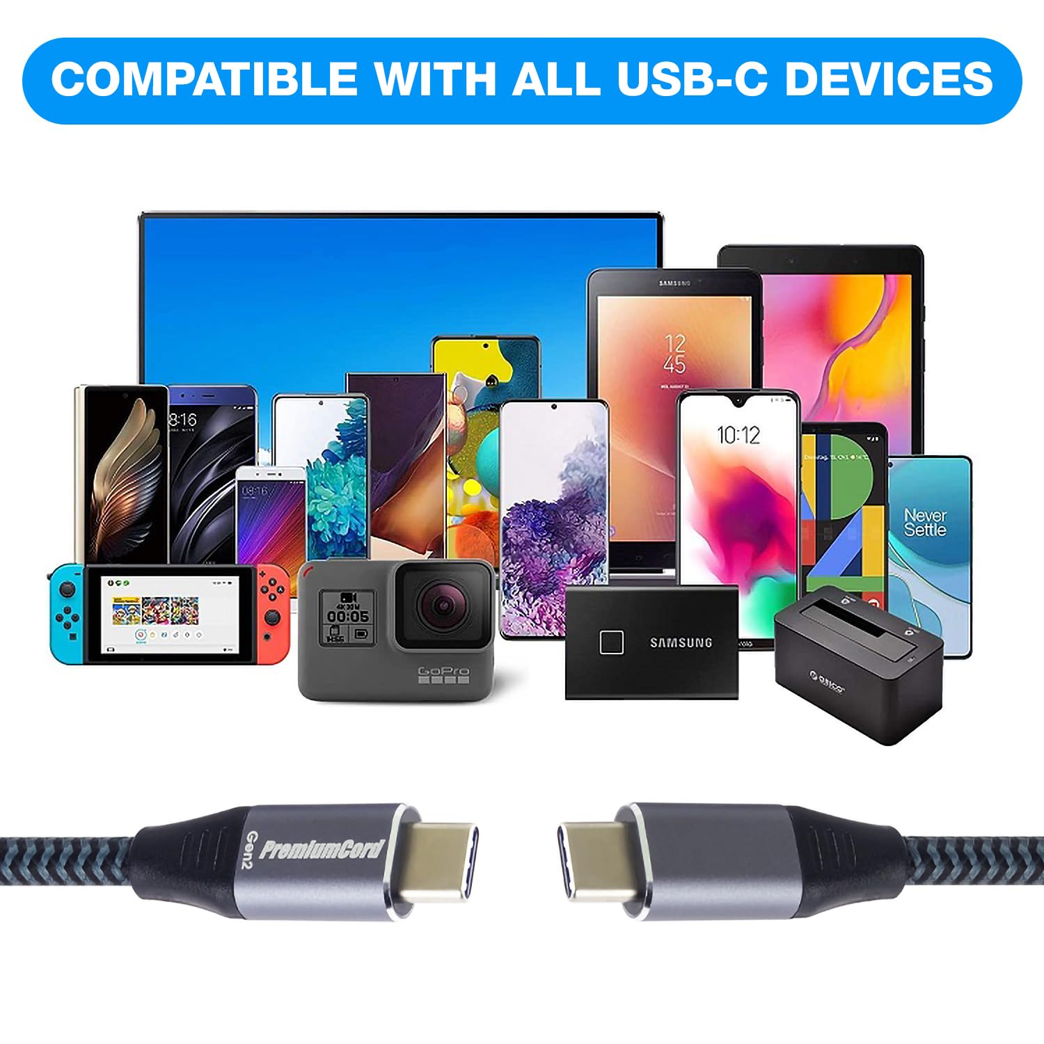 PremiumCord Kabel Połączeniowy USB-C 3.2 Gen 2x2, Kabel do Transmisji Danych SuperSpeed ​​Do 20Gbit/s, Ładowanie do 5A, Moc 100W, Obsługuje PD 3.0 / QC 4.0, USB Wtyk Typu C, Kolor Czarny, Długość 1,5m