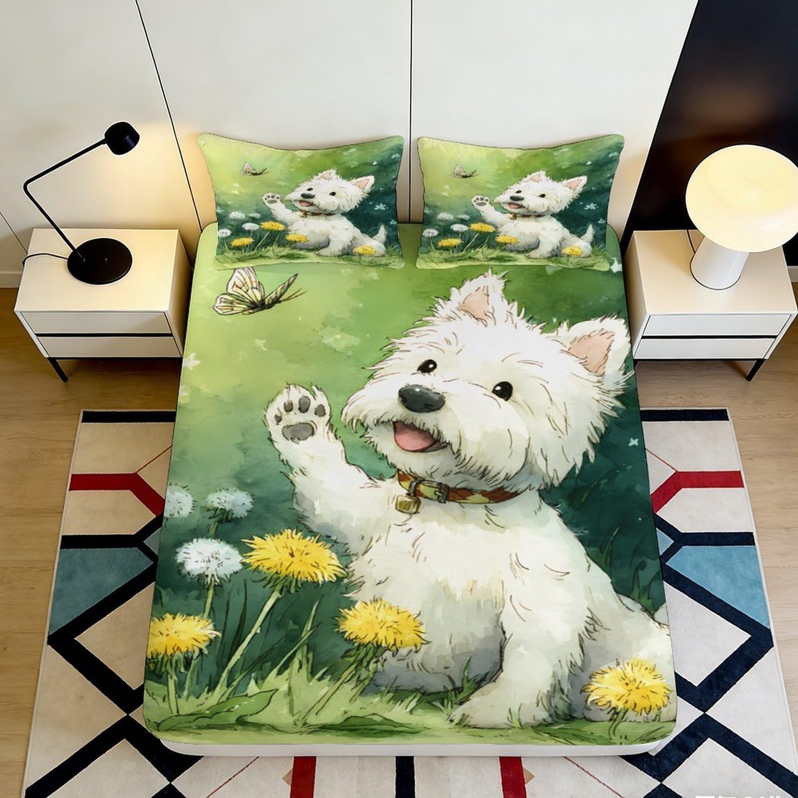 Jqzkxnhpbr Style-2 3D Printed White Westie Dog Fitted Sheet Microfiber Soft Cartoon Meadow Bed Cover Bedroom Mattress Protection Decor 90X200x25cm