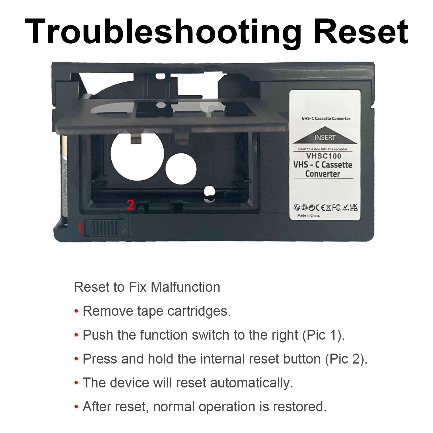 Adaptateur VHS-C vers VHS pour Cassette VHS-C/S-VHS-C Uniquement, Non Compatible MiniDV, 8mm, Hi8, Digital8